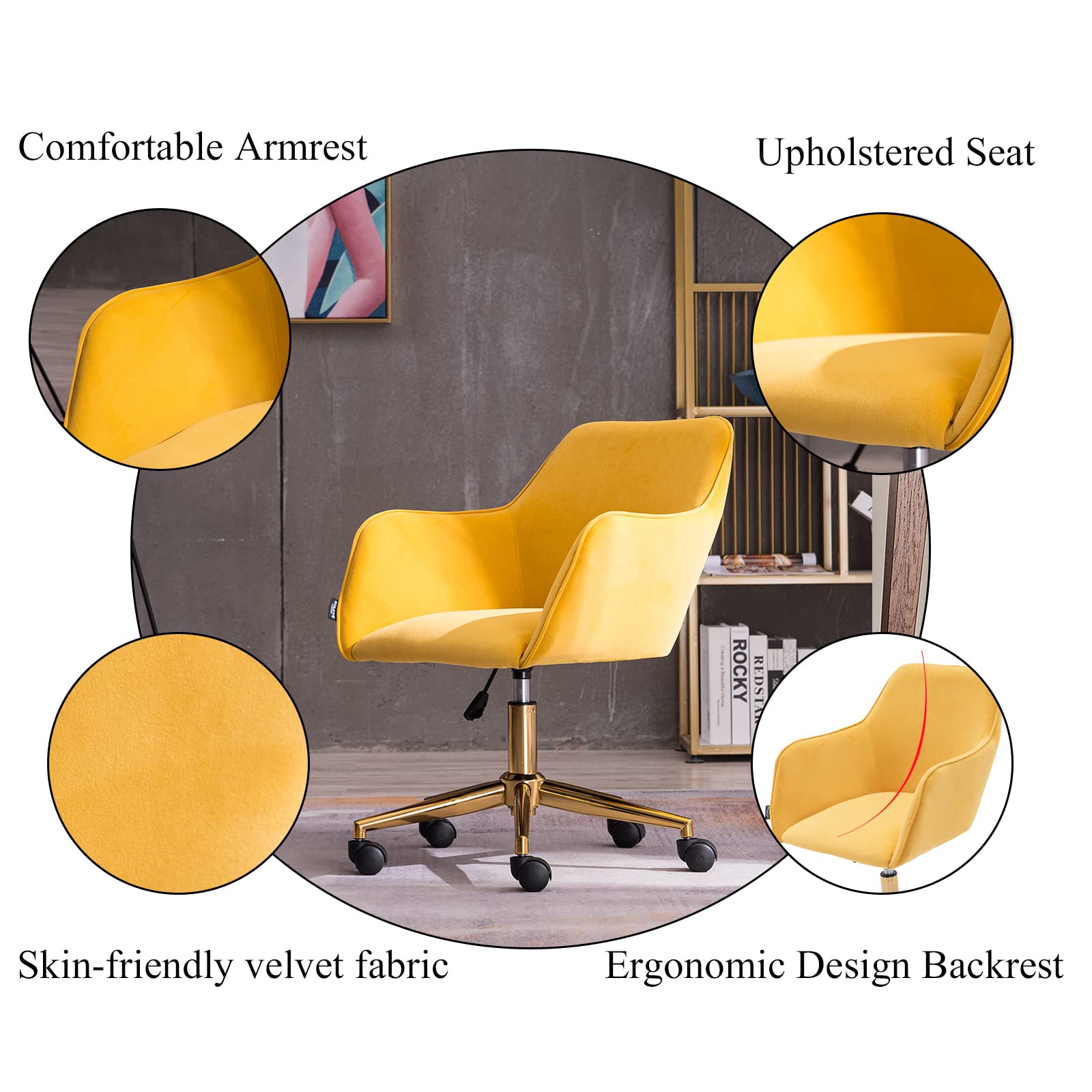 Yoluckea Modern Velvet Home Office Chair - Adjustable Swivel Desk Chair with Ergonomic Support for Women & Teens, Soft Upholstered Task Chair for Living Room, Bedroom or Vanity (Yellow) - Perfect for Remote Work, Online Classes & Home Office Setup