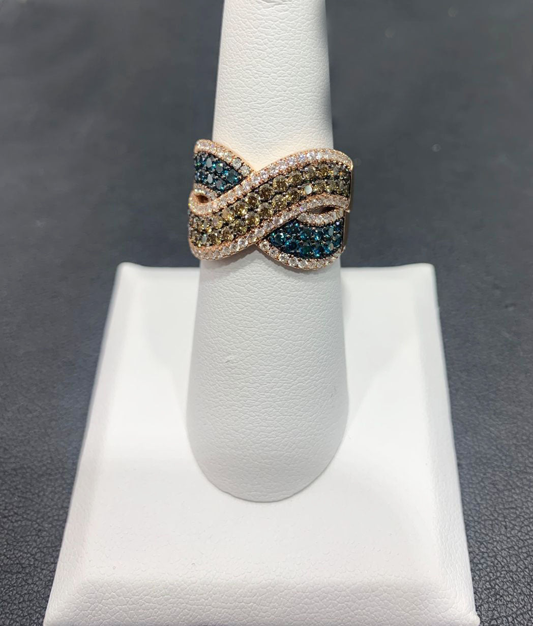 14K Rose Gold Diamond Ring with Brown, Blue & White Diamonds - Elegant Jewelry for Engagement, Wedding & Special Occasions