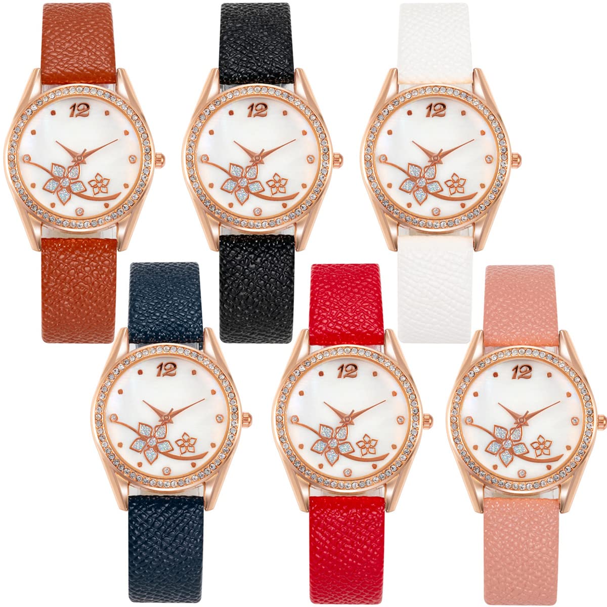 Stylish PU Leather Strap Watches 6-Pack - Rhinestone Ladies Watches for Mother's Day Gifts & Daily Wear