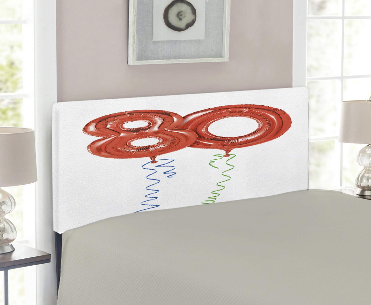Ambesonne 80th Birthday Headboard - Decorative Upholstered Metal Bed Headboard with Memory Foam, Twin Size | Red, Green & Blue Balloon Swirl Print for Grandparent Birthday Party Decor | Perfect for Bedroom Makeovers & Themed Celebrations