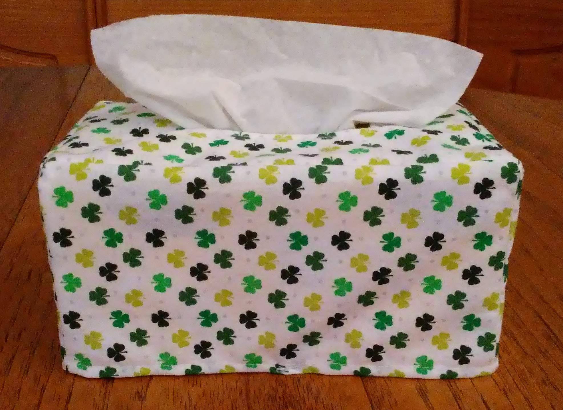 Elegant Rectangle Tissue Box Cover with Colorful Green Clover Leaves Design - White Fabric Shamrock Decor for Home, Office & Bathroom
