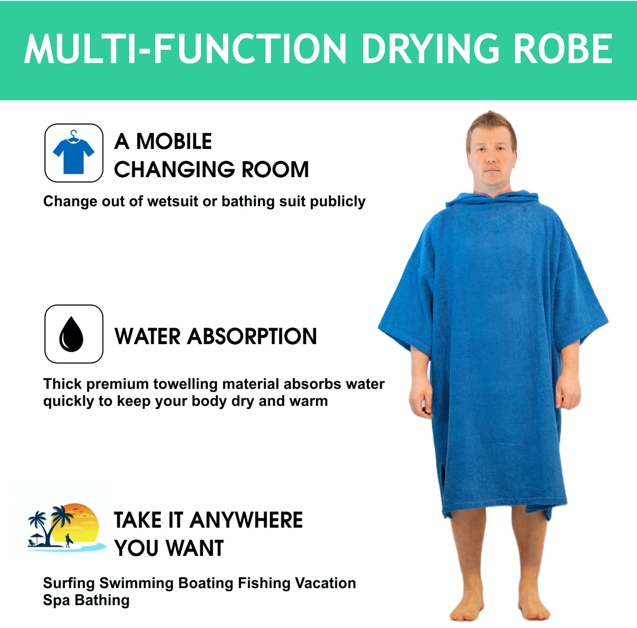 ALLEN & MATE Quick Dry 100% Cotton Terry Beach Changing Robe with Hood & Pocket - Waterproof Swim Cover Up for Men & Women - Perfect for Surfing, Swimming, Beach & Poolside Use