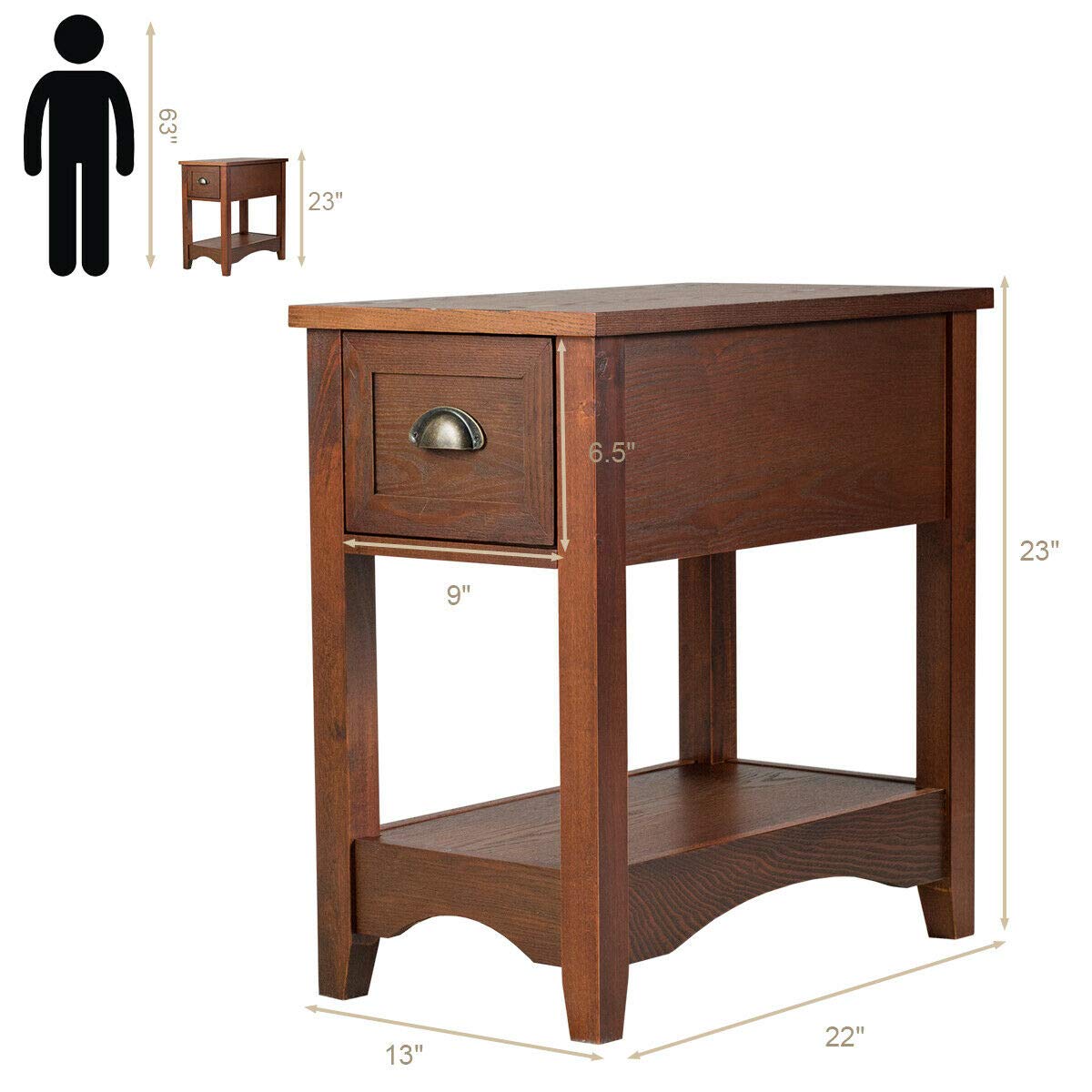 Giantex Retro Narrow End Table with Drawer & Storage Shelf - Solid Wood Nightstand for Bedroom, Living Room, Home Office - Perfect Small Space Solution for Bedside Storage & Decor (Walnut)