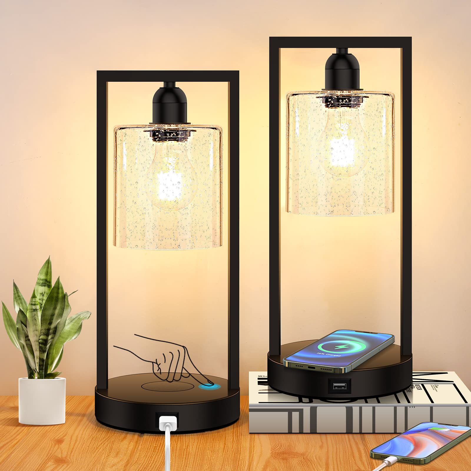Wireless Charging Touch Control Table Lamp Set of 2 - Dimmable USB Bedside Nightstand & Desk Lamps with Seeded Glass Shade for Bedroom, Living Room, Office - Includes Bulbs | Perfect for Reading, Working & Nighttime Use