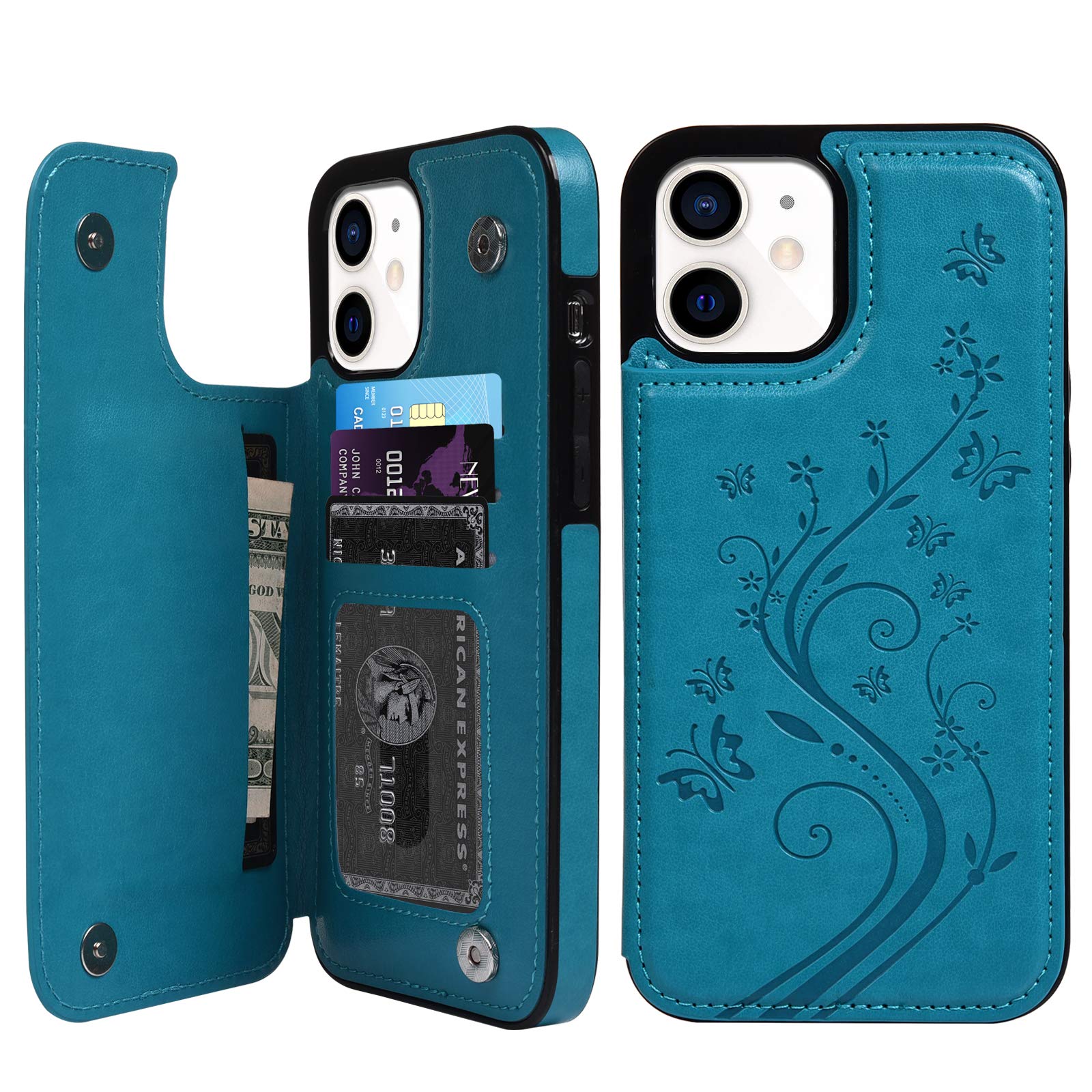 Premium PU Leather iPhone 12 Mini 5G Wallet Case with Card Holder - Embossed Butterfly Design, Magnetic Closure & Shockproof Protection for 5.4