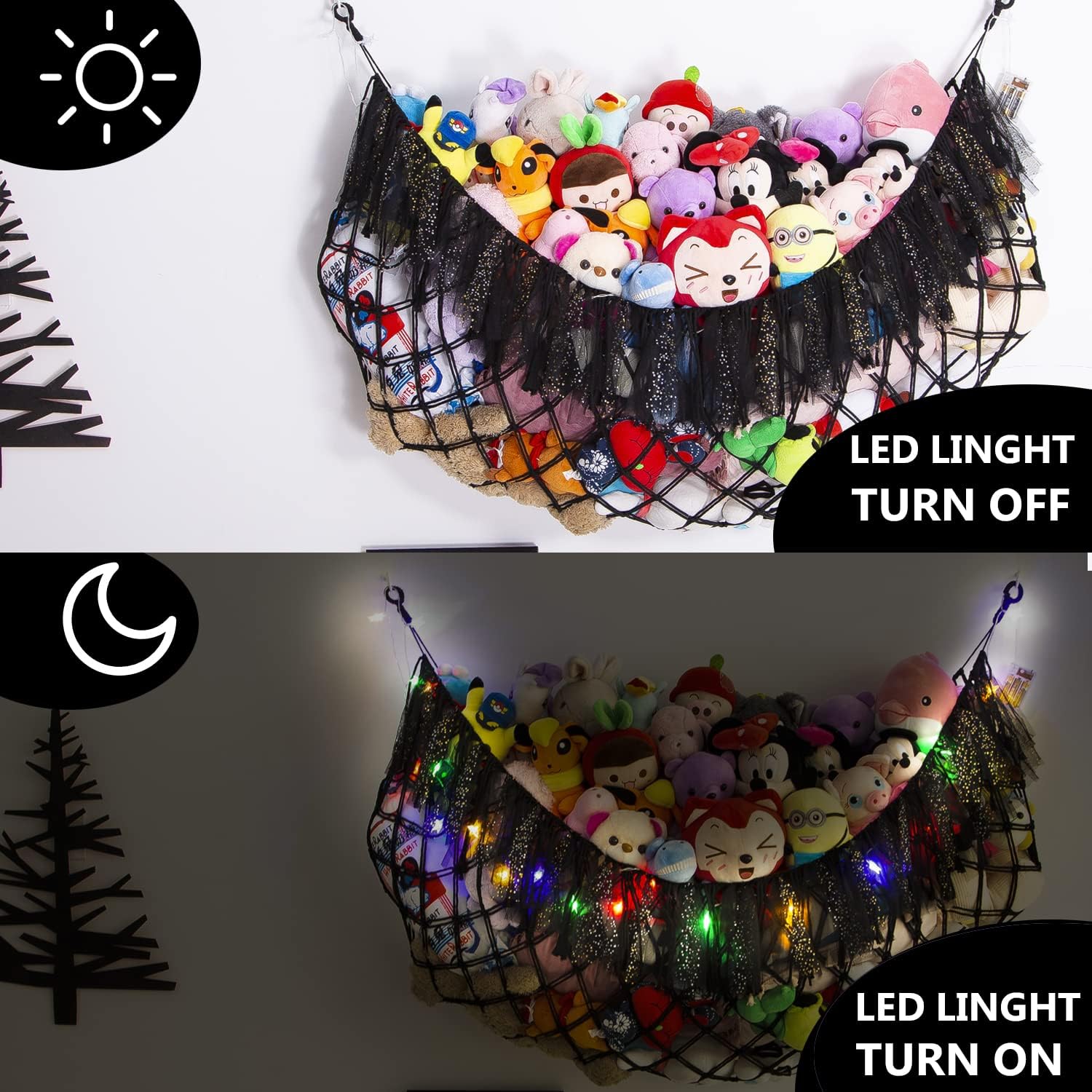 Large Stuffed Animal Hammock with LED Lights - Wall Mounted Plush Toy Organizer for Squishmallows, Boho Macrame Corner Hanging Net - Nursery, Bedroom & Playroom Storage Decor (Black) - Perfect for Kids' Room Organization & Cozy Plushie Display