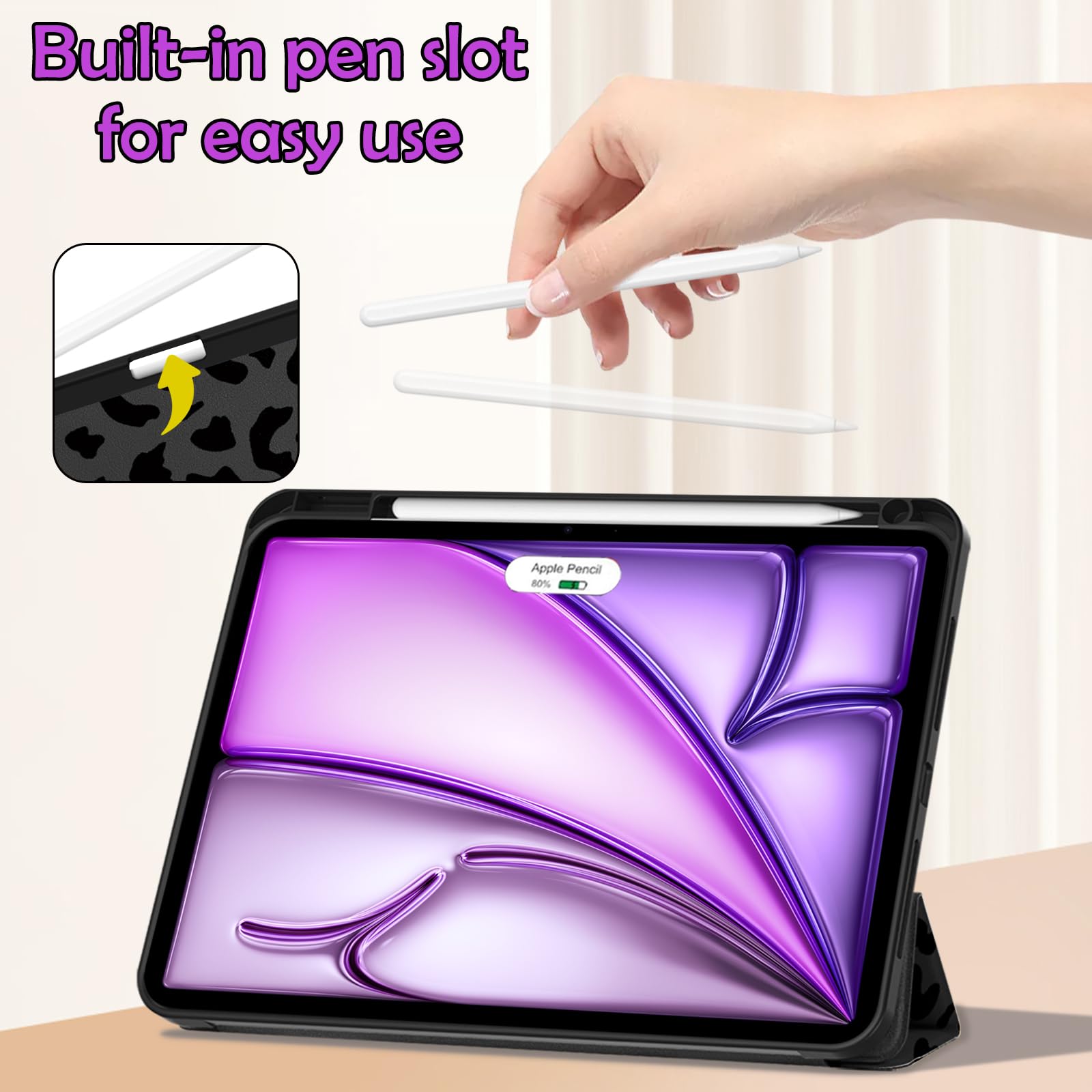 Compatible with iPad Air 13 Inch M3 2025/M2 2024 Case with Pencil Holder - Shockproof TPU Back Cover, Auto Sleep/Wake Function & iPad Pencil Charging - Stylish Black Purple Leopard Print Design for Women Men & Teens - Perfect for Work, School & Travel Protection