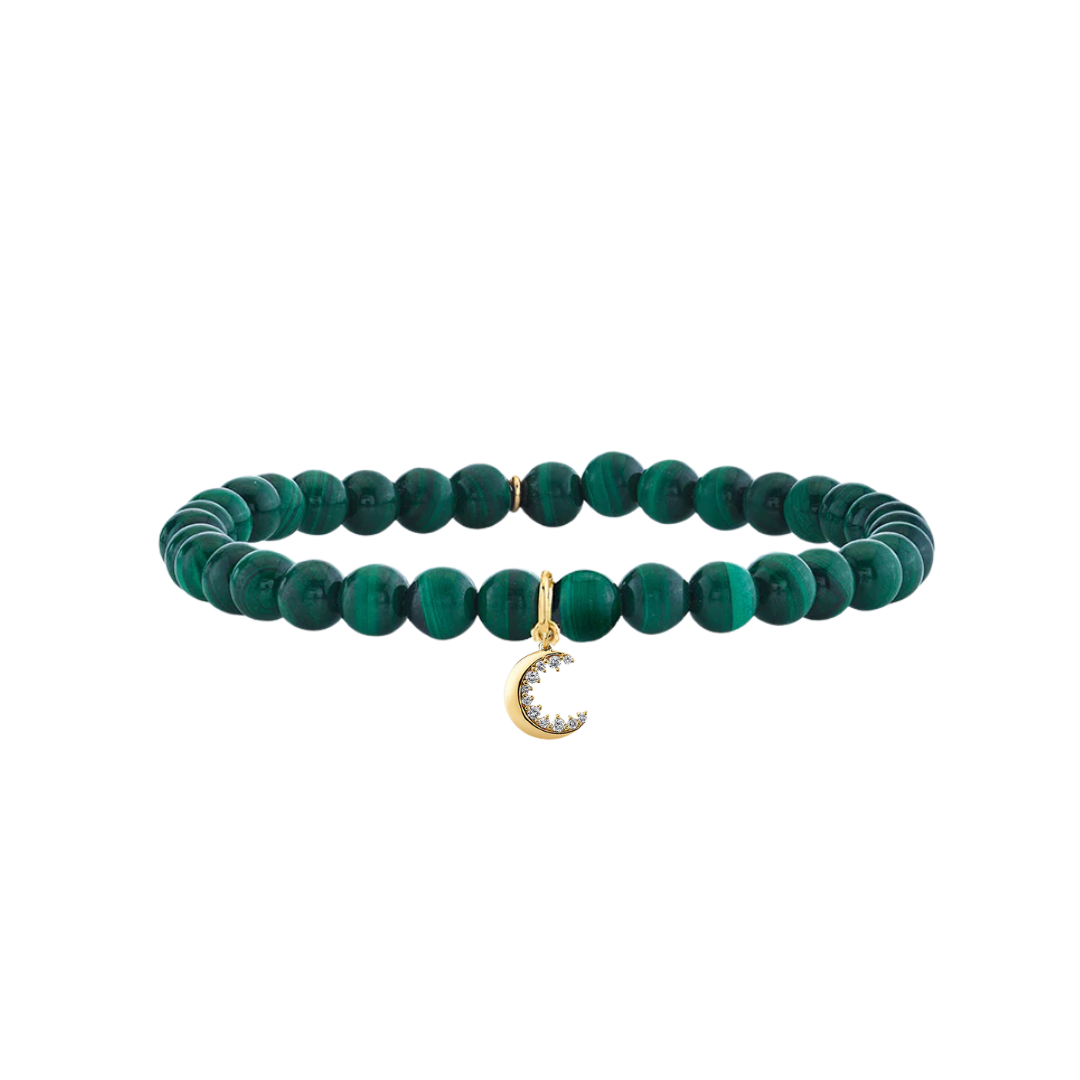 Elegant Crescent Moon Charm on Smooth Malachite Beads - Handmade Boho Jewelry for Women, Perfect for Yoga, Meditation & Spiritual Healing