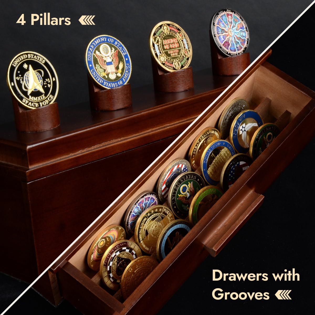 Military Challenge Coin Display Case - Wooden Coin Collection Holder with Drawers & Clear Acrylic Lid - Perfect Gift for Coin Collectors (4 Pillars) - Ideal for Home Office, Military Memorabilia Display, and Collector Showcase
