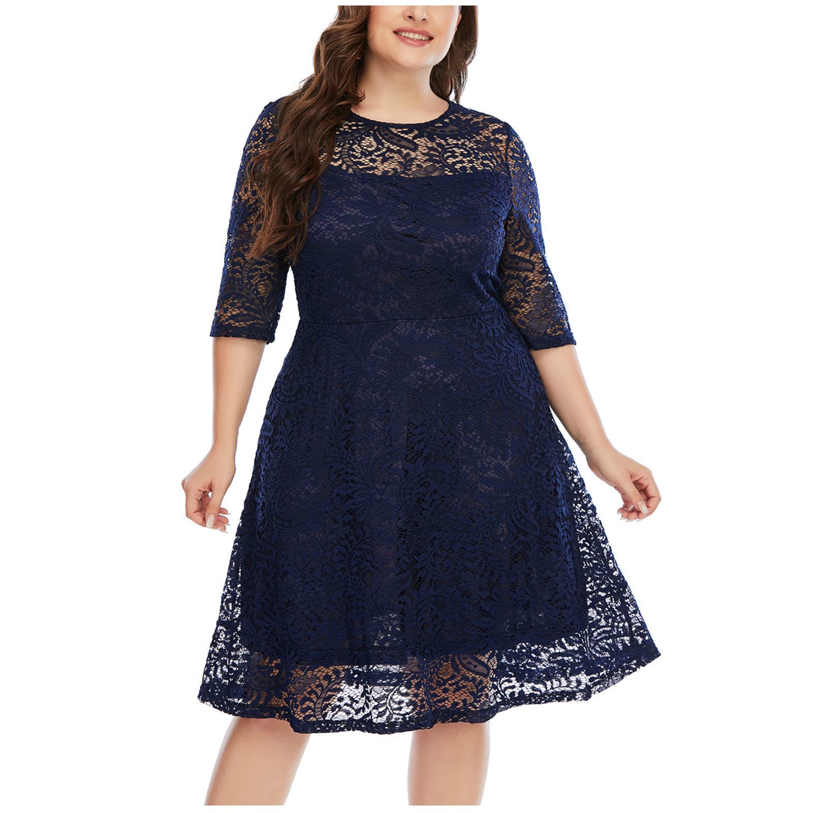 Plus Size Party Dresses for Women - Summer Fashion O-Neck Sundress with Lace Splicing & Short Sleeves - Prom, Wedding Guest Dress for Beach Parties, Cocktail Events & Special Occasions