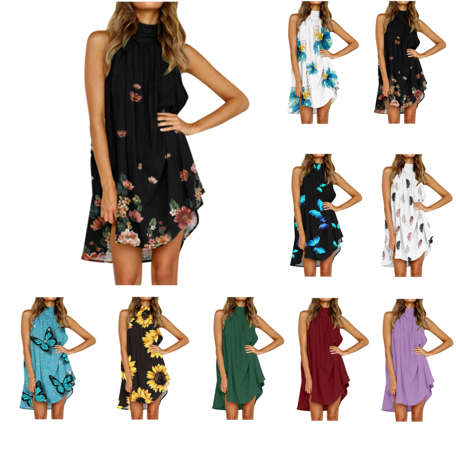 Women's Summer Halter Dress - Sleeveless High Neck Smocked Floral Mini Dress | Casual Beach Wear, Vacation Outfit, Party Dress | Lightweight & Flowy for Hot Weather