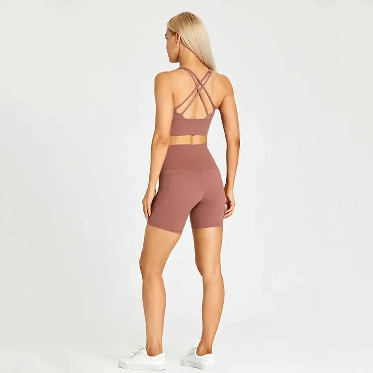 ABS LOLI Pockets Yoga Shorts Set for Women - 2 Piece High Waist Workout Outfit with Side Pockets | Gym Wear, Running Shorts & Sports Clothes | Perfect for Yoga, Fitness Training & Casual Athleisure Wear