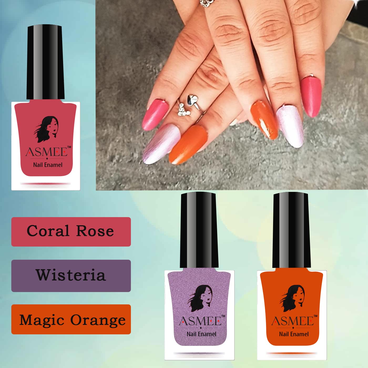 Asmee Classic Nail Polish Set - 3 Pack (Coral Rose, Wisteria, Magic Orange) | Long Lasting Nail Enamel for Women | Perfect for Daily Wear, Parties & Special Occasions