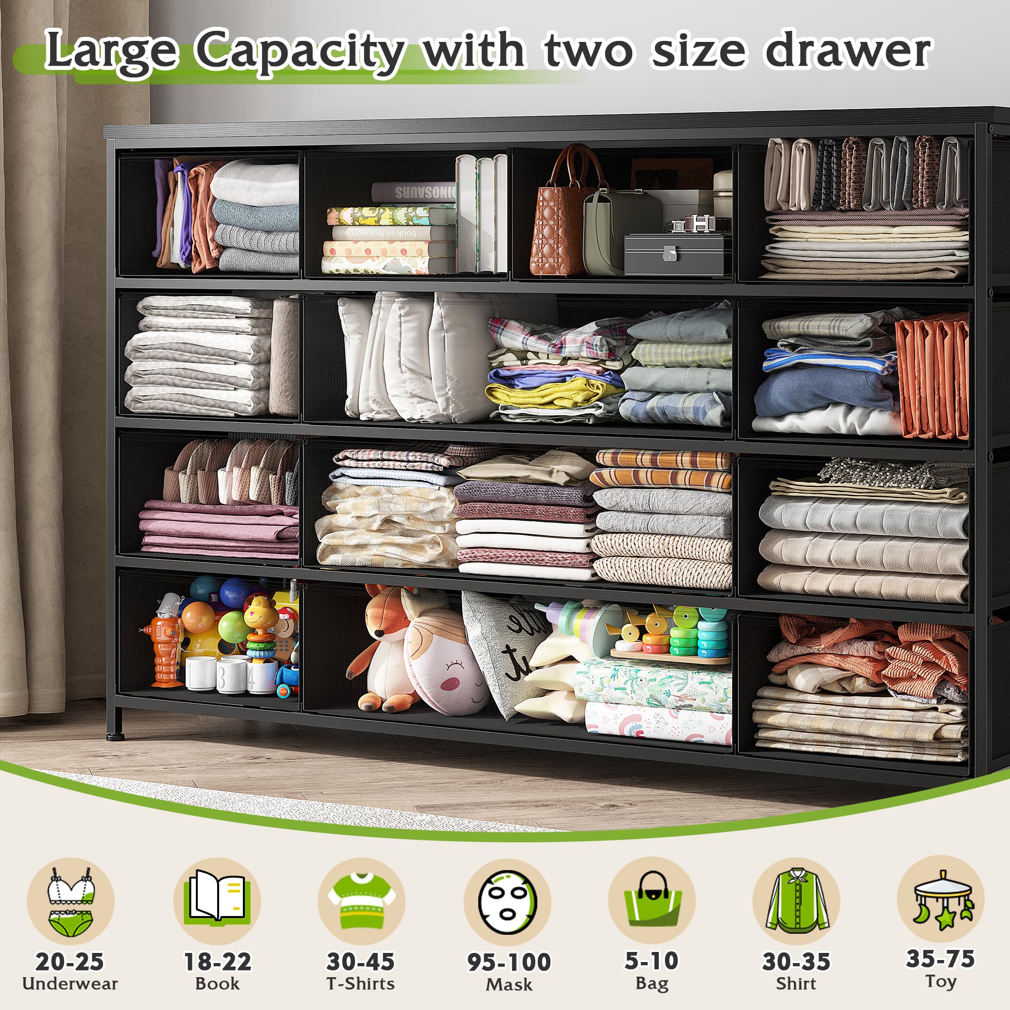 13-Drawer Black Dresser for Bedroom & Closet - 55