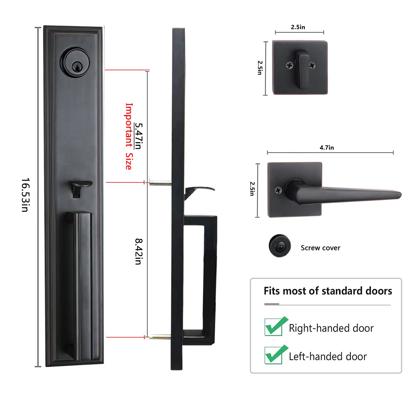 **Double Door Handle Set with Dummy Inactive Handle - French Right & Left Hand Door (2011 Keyed & Dummy Set, Oil Rubbed Bronze) - Perfect for Home Entry, Office & Commercial Doors**