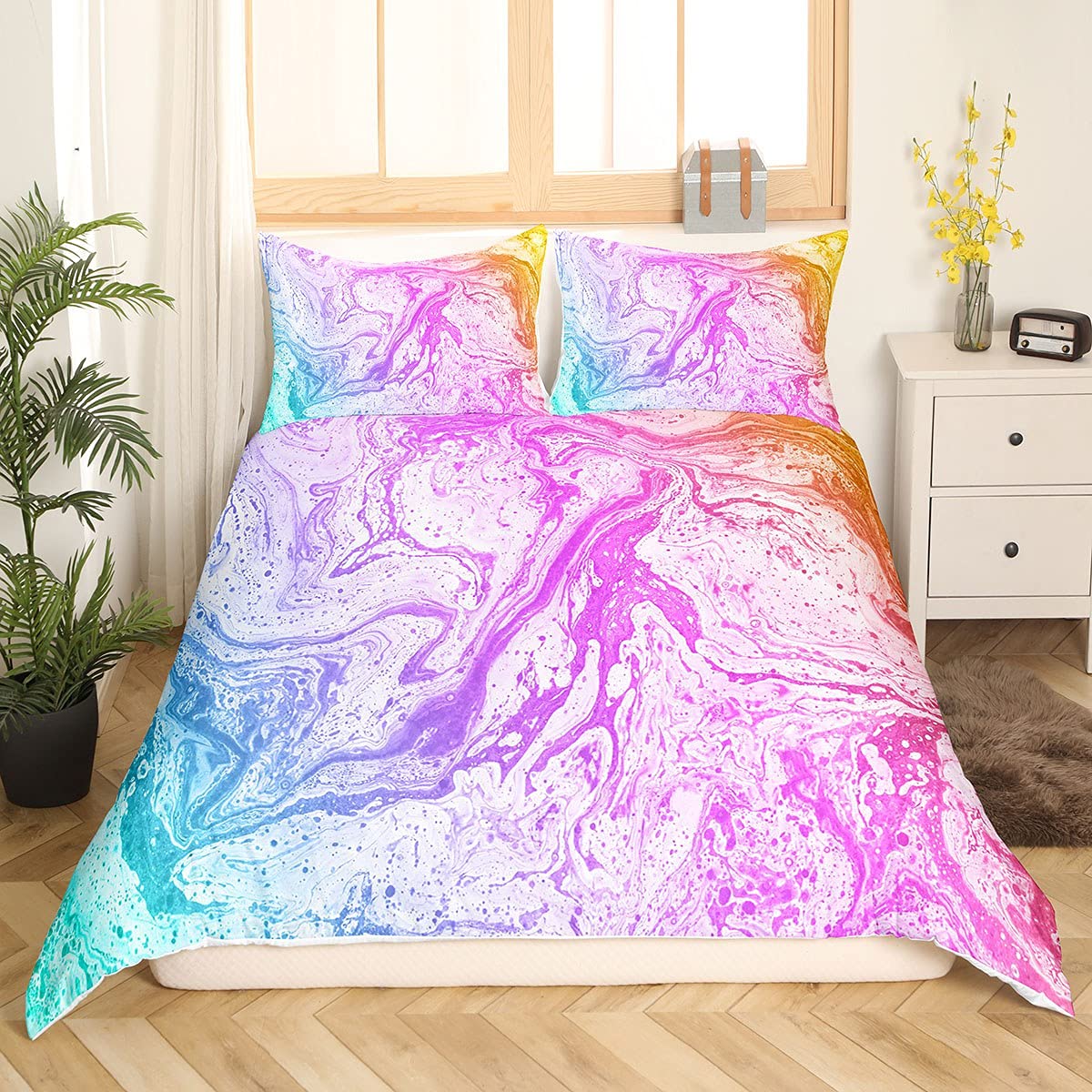 Feelyou Marble Print Duvet Cover Set - Pink Purple Blue Abstract Art Comforter Cover for Kids & Women, Twin Size 2-Piece Bedding Set | Soft Luxury Fluid Design for Girls' Bedroom Decor & Teen Room Aesthetics