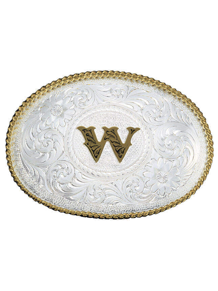 Montana Silversmiths 700 Initial Silver Engraved Gold Trim Western Belt Buckle for Men & Women - Perfect for Cowboy Boots, Jeans & Western Outfits