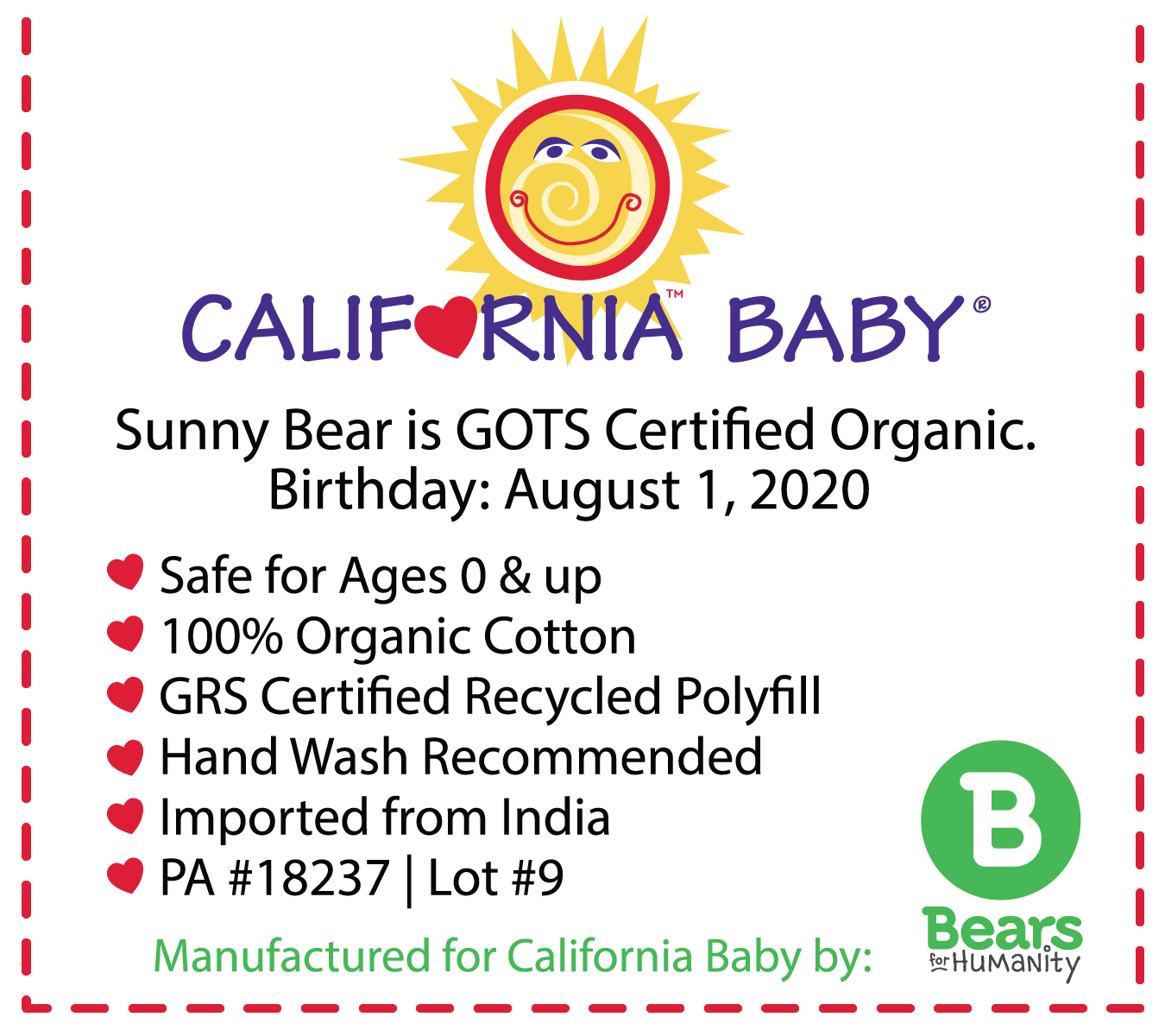 Certified Organic Cotton Sunny Teddy Bear - Soft & Cuddly Plush Toy for Babies & Kids | Perfect for Nursery Decor, Baby Shower Gifts & Comfort Companions