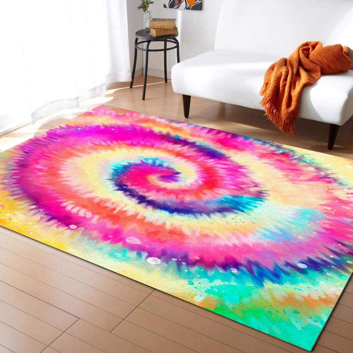 Iridescent Tie-Dye Spiral Area Runner Rug 4'x7' - Washable Indoor Outdoor Carpet for Kitchen, Living Room, Bathroom, Bedroom, Classroom & Laundry Room | Non-Slip Doormat & Welcome Floor Mat for Home Decor & High Traffic Areas