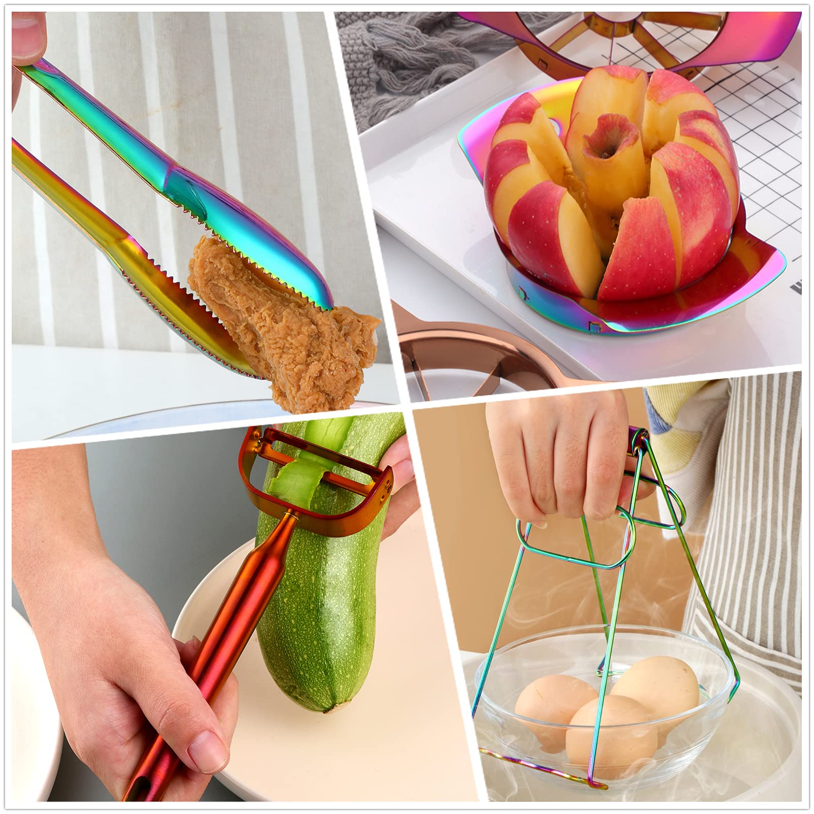 Rainbow 12-Piece Kitchen Tools Set - Garlic Press, Wine Opener, Measuring Spoons, Lemon Squeezer, Vegetable Peeler, Apple Cutter, Tongs & More - Dishwasher Safe for Cooking, Baking & Meal Prep
