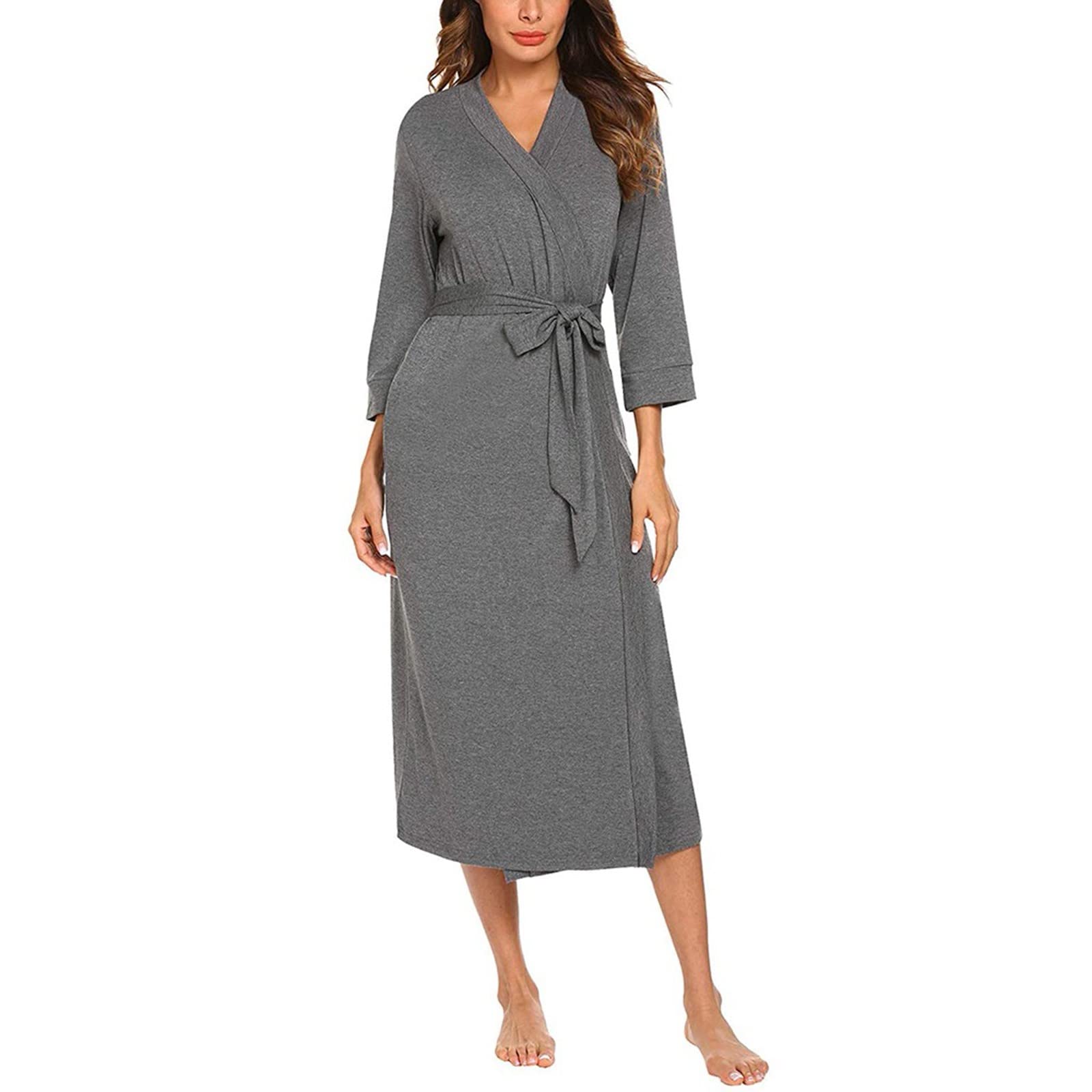 Lightweight Soft Women's Plus Size 3/4 Sleeve V-Neck Kimono Robe - Casual Long Bathrobe & Nightgown for Lounge, Spa, and Home Relaxation