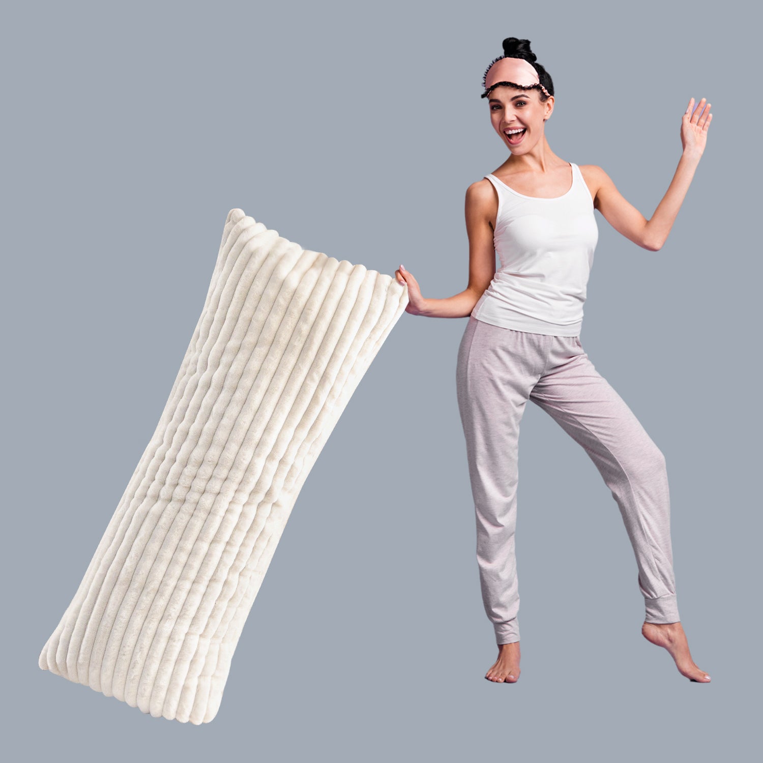 MAXYOYO Ultra Soft Striped Faux Fur Body Pillow for Adults - 20x54 Inch Long Hugging Pillow for Side Sleepers & Pregnancy Support (White) - Perfect for Bed, Couch & Home Comfort