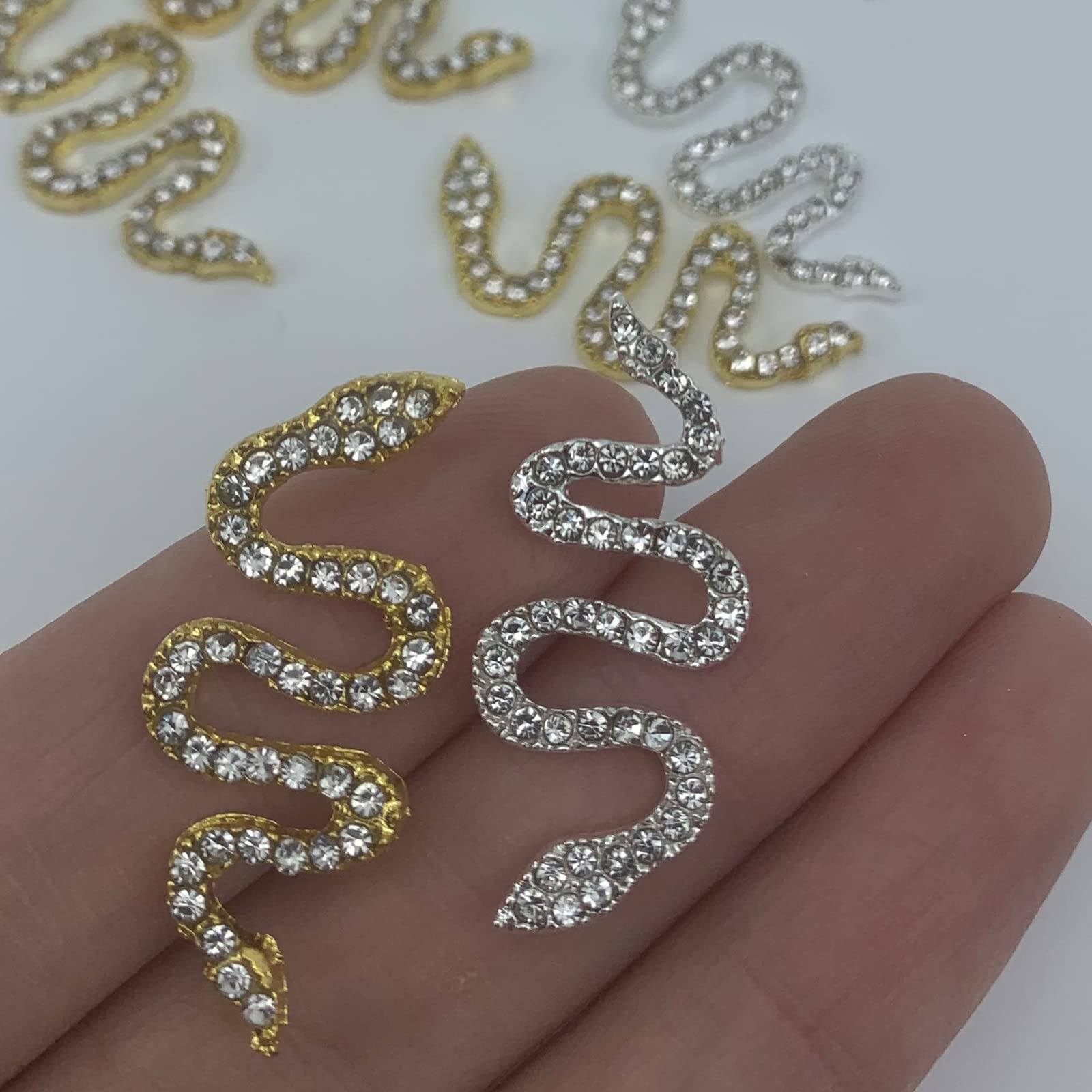 3D Retro Alloy Snake Nail Charms with Rhinestones - Gold & Silver Snake Wave Nail Studs, Crystal Diamonds for Acrylic Nails - DIY Nail Art Decorations for Halloween, Gothic Parties & Nail Salon Designs
