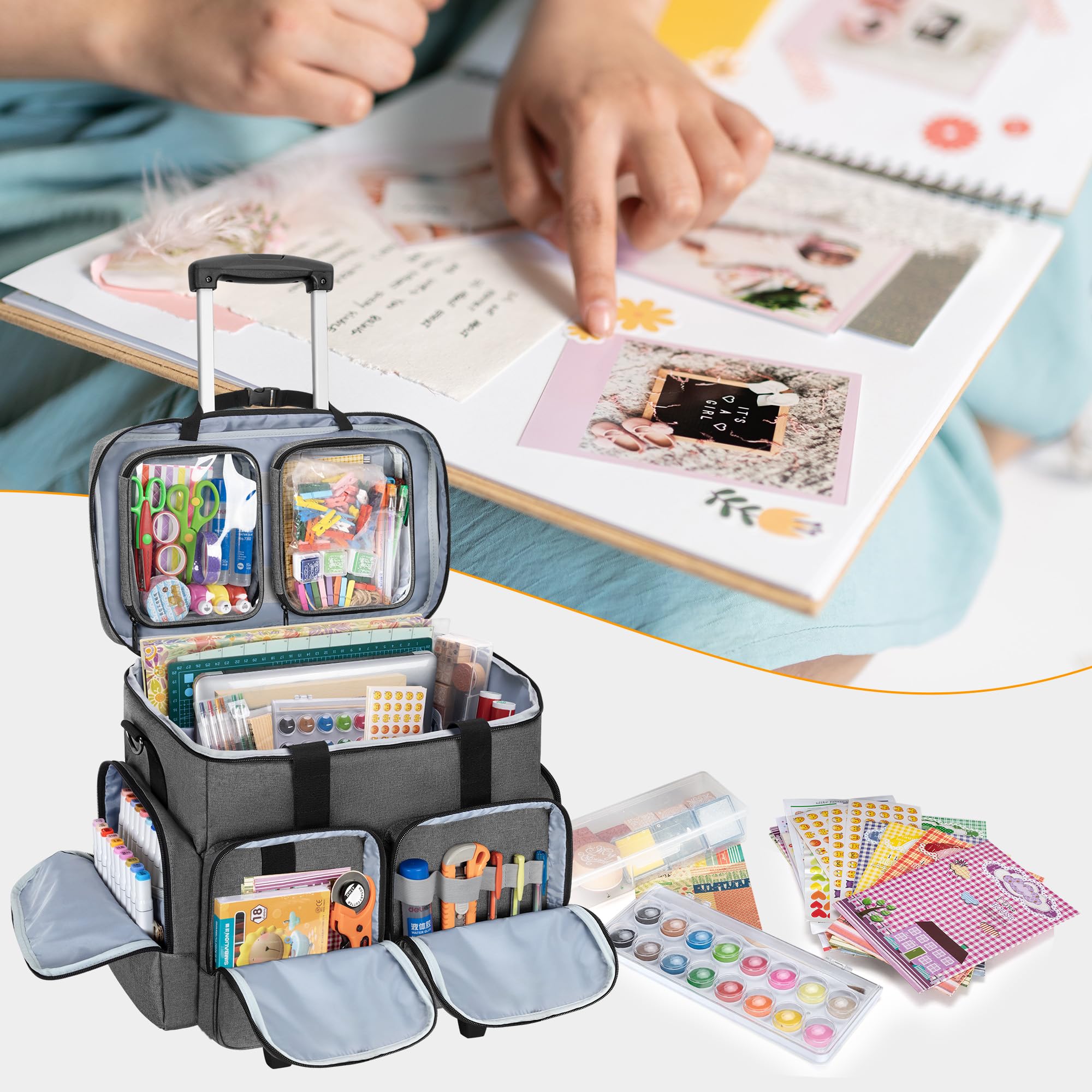 CURMIO Rolling Scrapbook Tote with Wheels - Portable Scrapbook Storage Bag with Detachable Trolley & Wooden Base | Craft Organizer for Scrapbooking Supplies (Gray) | Perfect for Craft Fairs, Workshops & Home Organization
