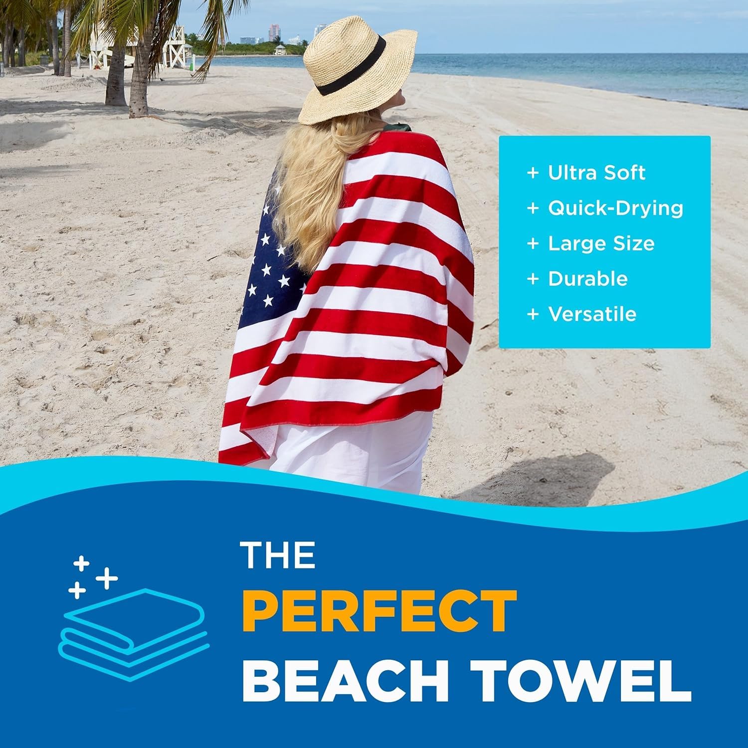 Kaufman Printed Beach and Pool Towel Set - 100% Cotton, 30x60 Inches, American Flag & 100 Dollar Bill Design - Perfect for Swimming, Sunbathing, and Patriotic Outdoor Activities