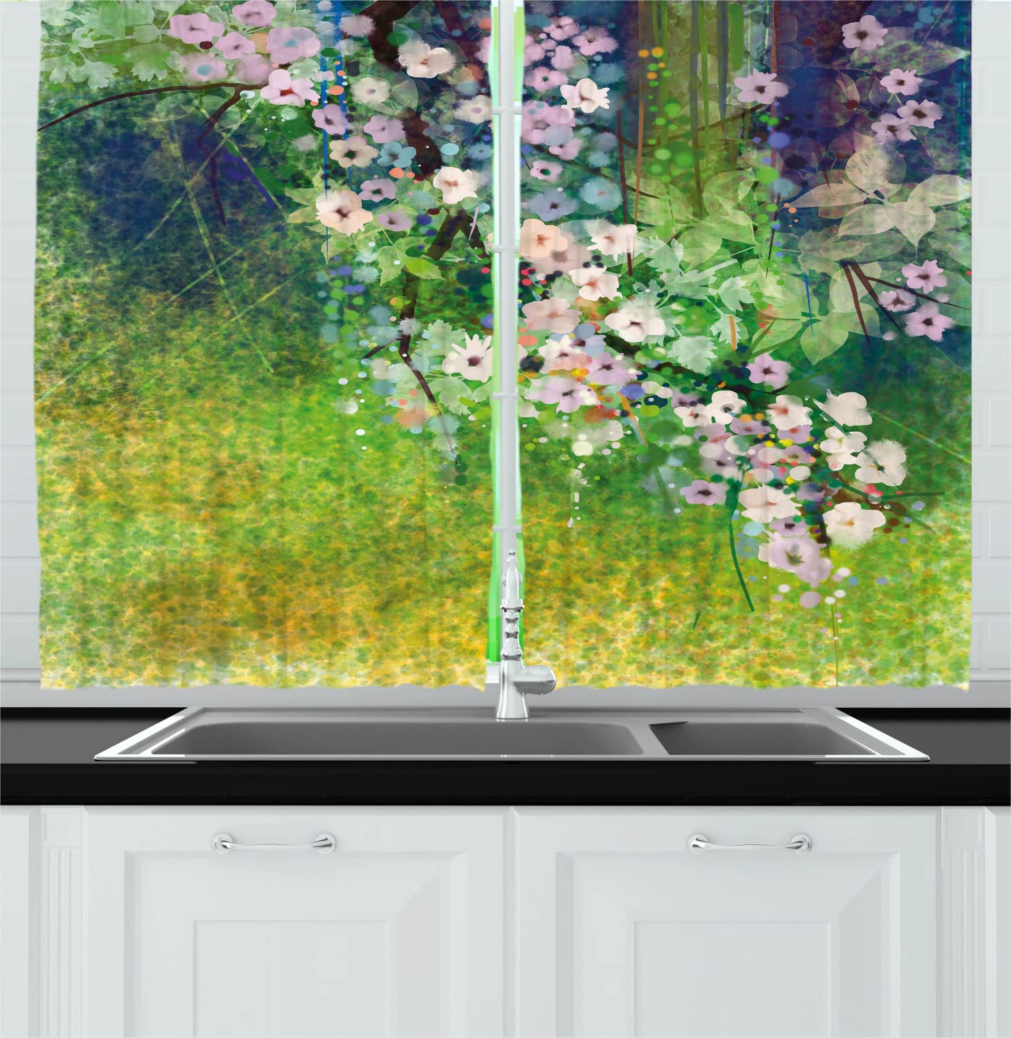 Ambesonne Floral Long Kitchen Curtains - Traditional Multicolor Japanese Cherry Blossom Sakura Tree Design with Petals & Grass Landscape - 2 Panel Drapes with Rod Pocket for Window Decor - 55