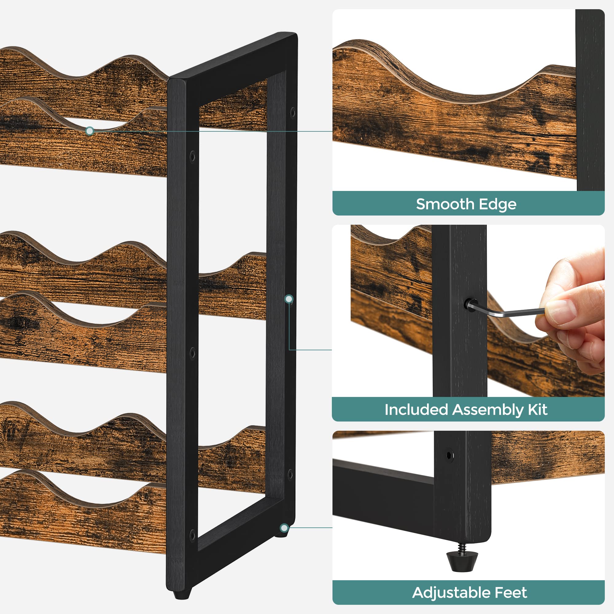 SONGMICS 3-Tier Bamboo Wine Rack - Holds 12 Bottles, Tabletop Wine & Water Bottle Organizer for Kitchen, Bar, Pantry - Rustic Brown & Black Countertop Storage Shelf for Home & Office Use
