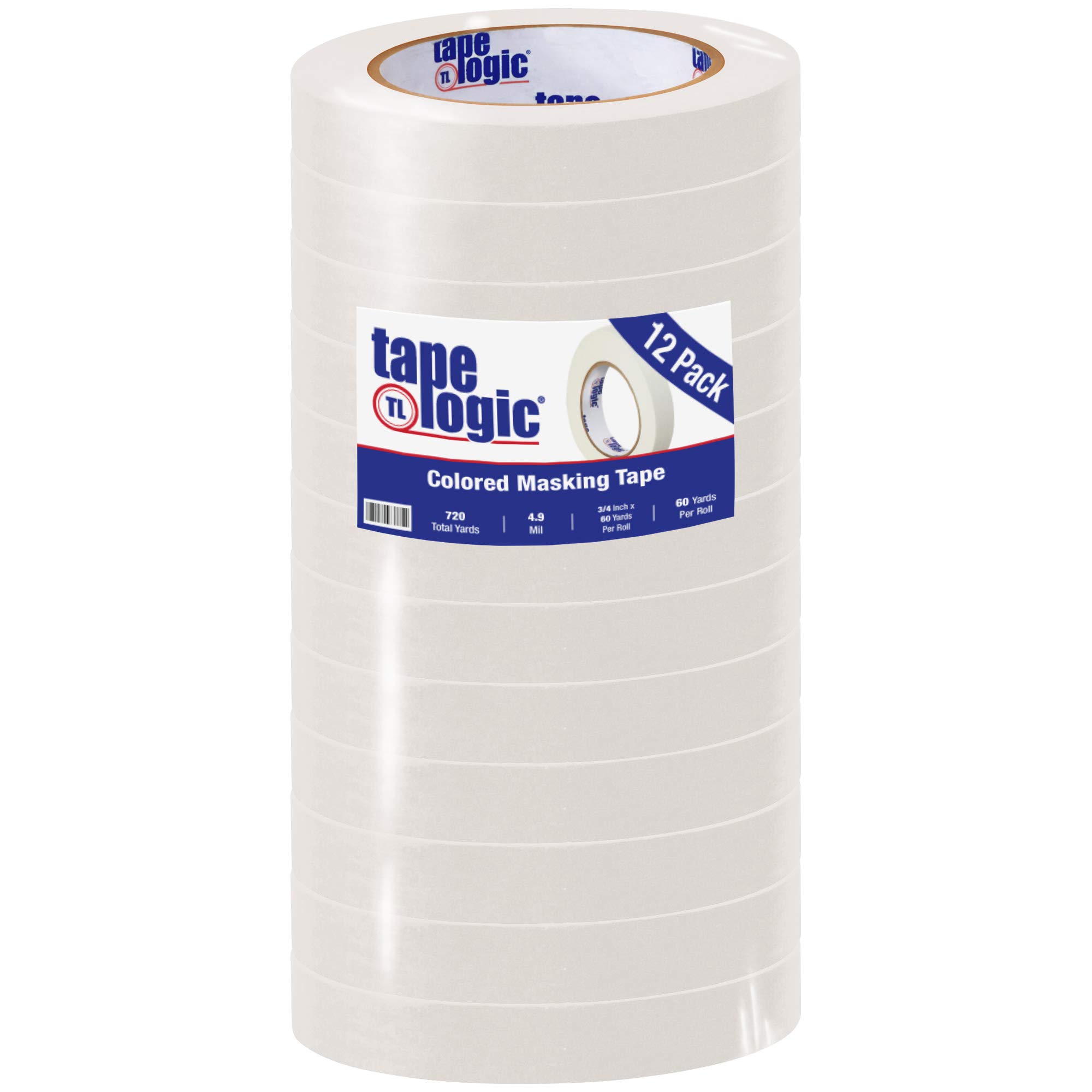 Tape Logic 12 Pack Colored Masking Tape, 3/4 Inch x 60 Yards, White - Multipurpose DIY, Arts & Crafts, Office & Home Labeling, Coding - Perfect for Gift Wrapping, Wall Painting, Scrapbooking & Organizing
