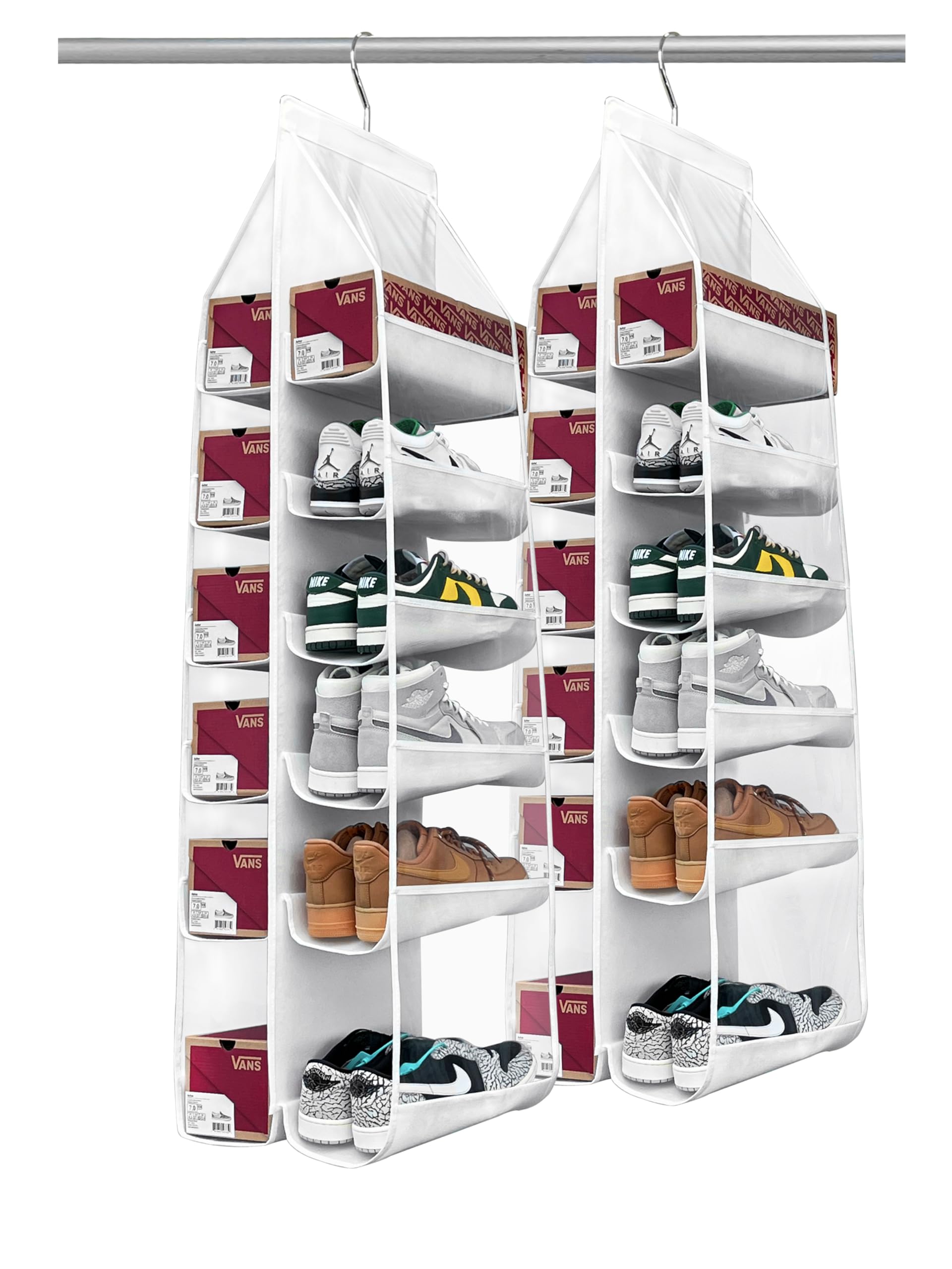 Zebricolo Hanging Shoe Rack for Closet - Extra Large 24 Pocket Shoe Organizer, Space Saving Closet Storage Solution (2 Pack, White) - Perfect for Bedroom, Dorm, Entryway & Small Space Organization