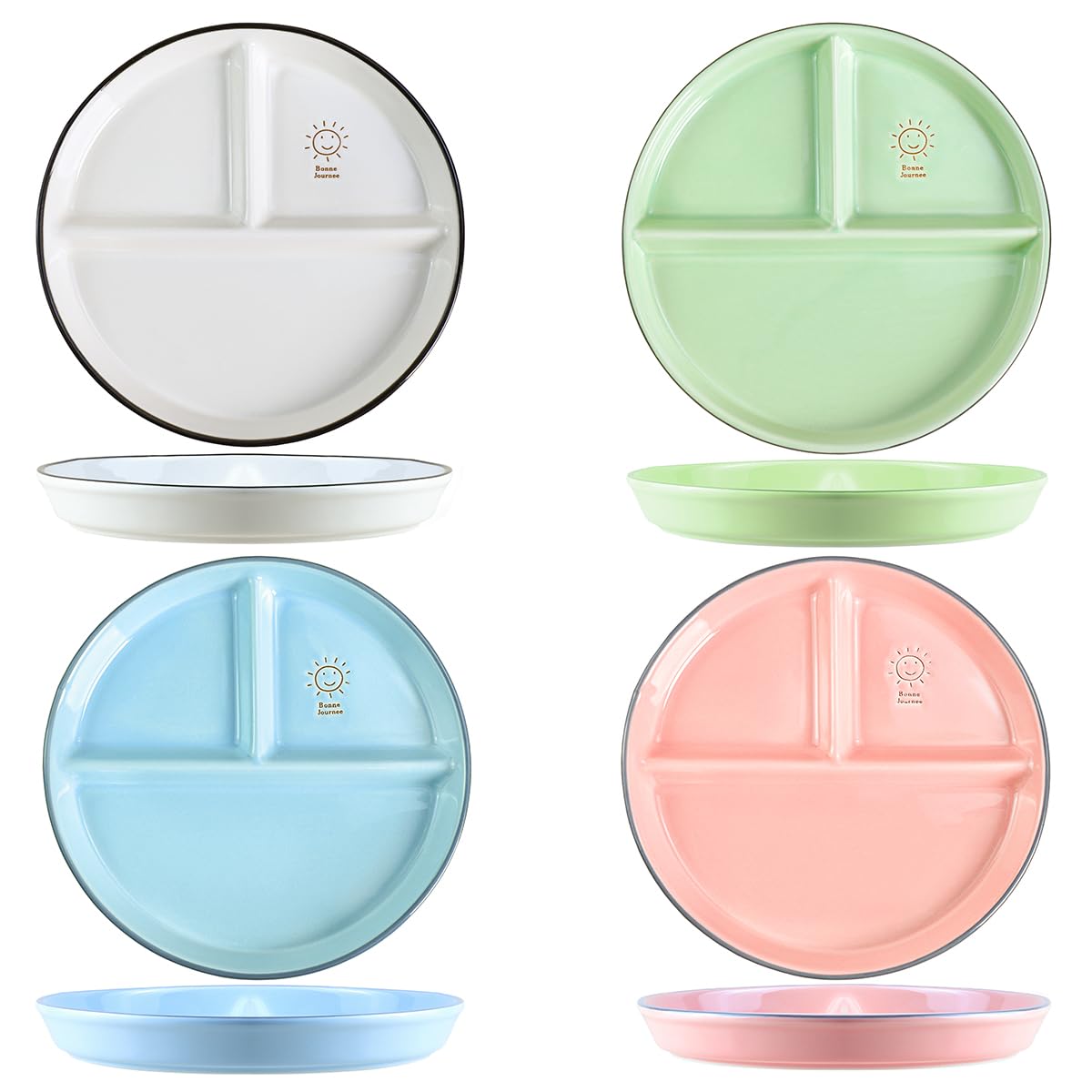 Round Ceramic Divided Plate - 8 Inch Smile Sun Design for Portion Control, Dessert, Salad & Dinner (Set of 2, Pink) | Perfect for Healthy Eating, Kids Meals & Party Serving