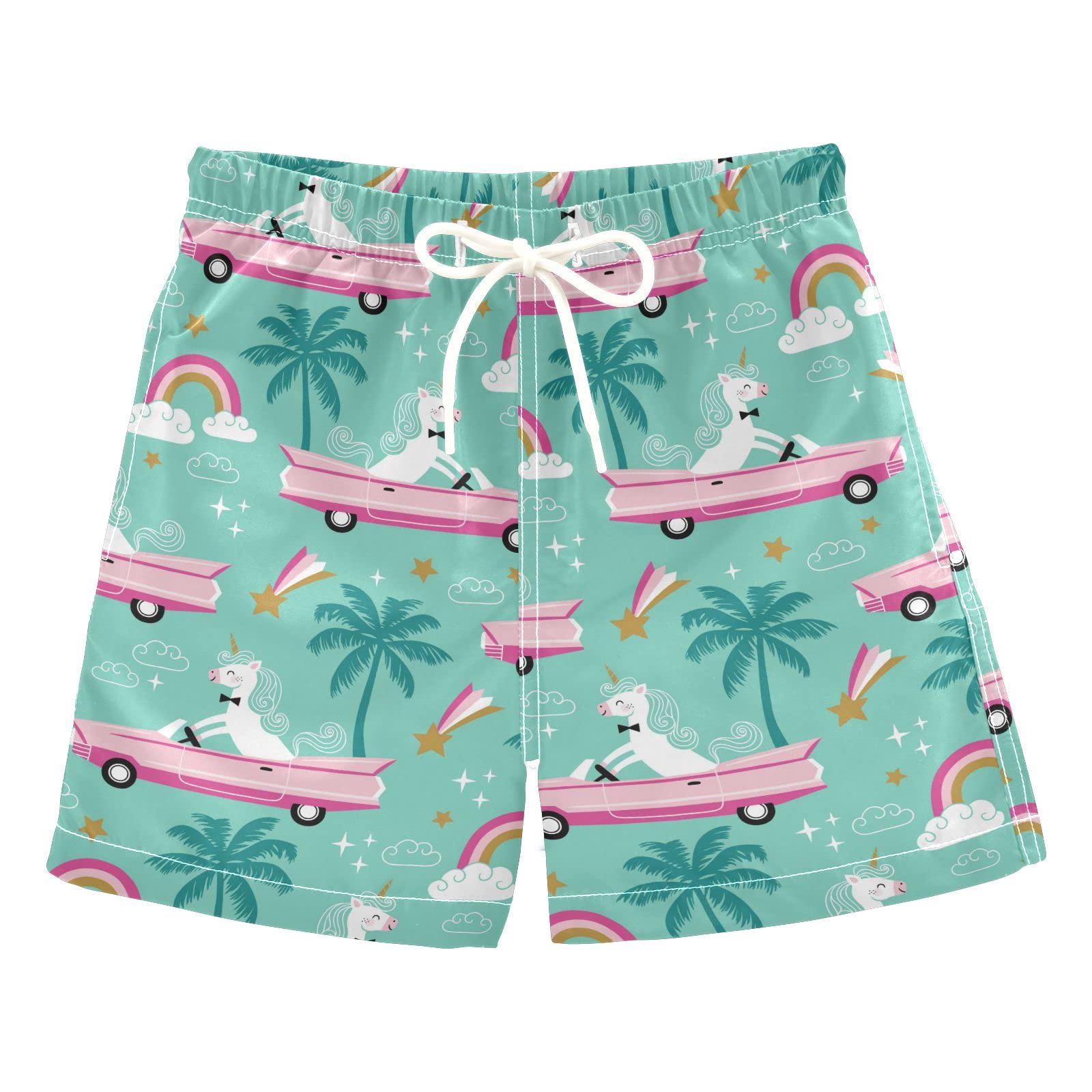 **Unicorn & Palm Tree Boys Swim Trunks - Quick-Dry Toddler Swimwear for Beach & Pool (2T) - Fun Summer Board Shorts for Kids**