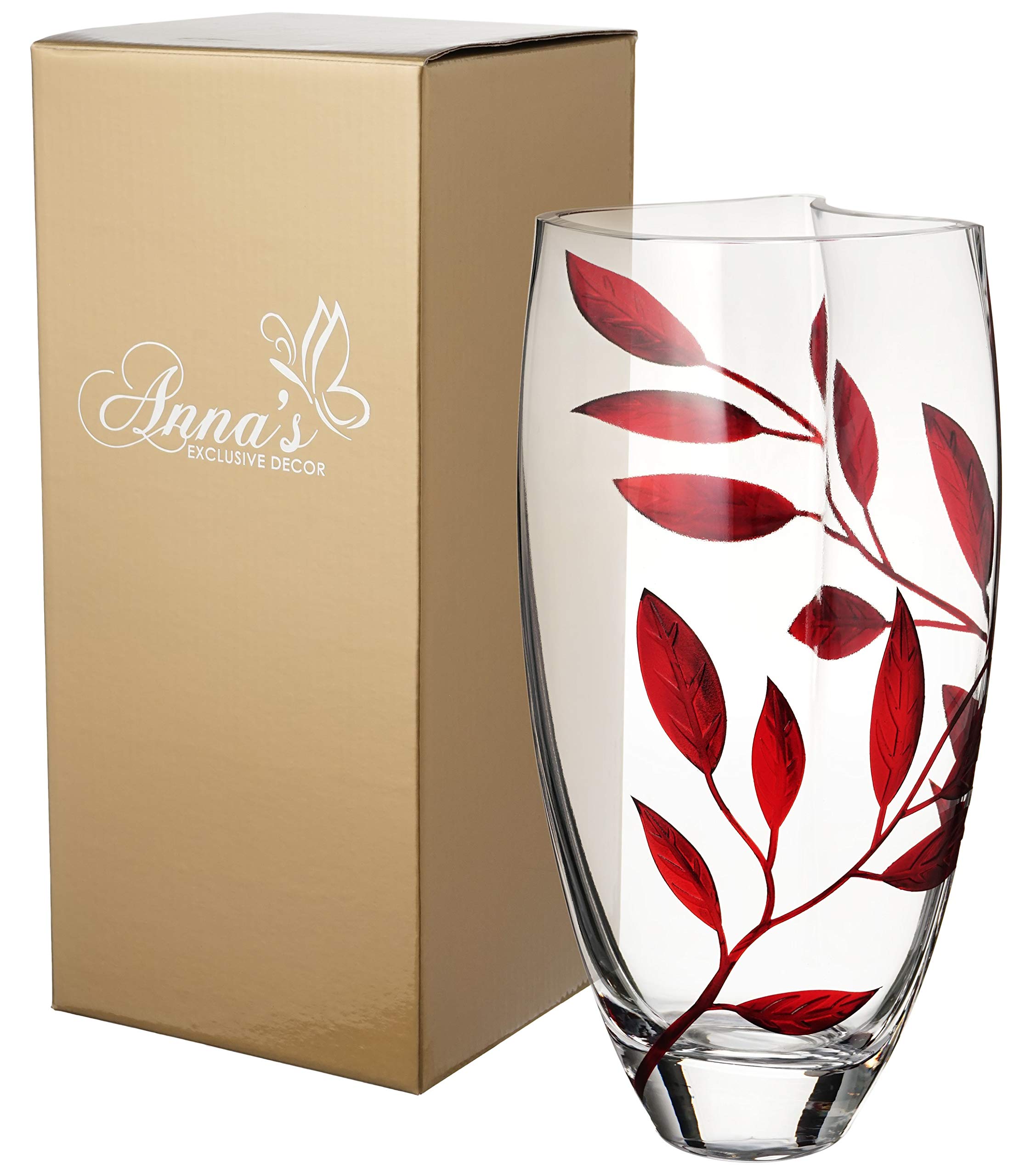 Luxury Hand Blown Glass Vase with Sandblasted Ruby Leaf Design - 11.4 Inch Clear Unique Shape Home Decor - Elegant Gift Box Included - Perfect for Wedding Centerpieces, Living Room Decor & Housewarming Gifts (Red, 29 cm)