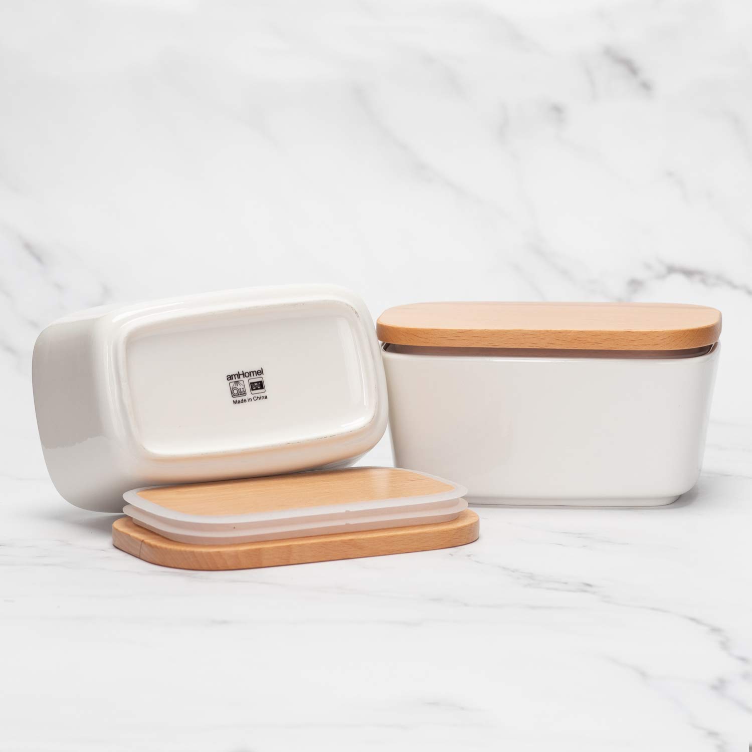 amHomel Butter Dish Set of 2 - Airtight Butter Keeper with Wooden Lid, Holds 2 Sticks of Butter (White) - Perfect for Kitchen Counter, Dining Table & Refrigerator Storage