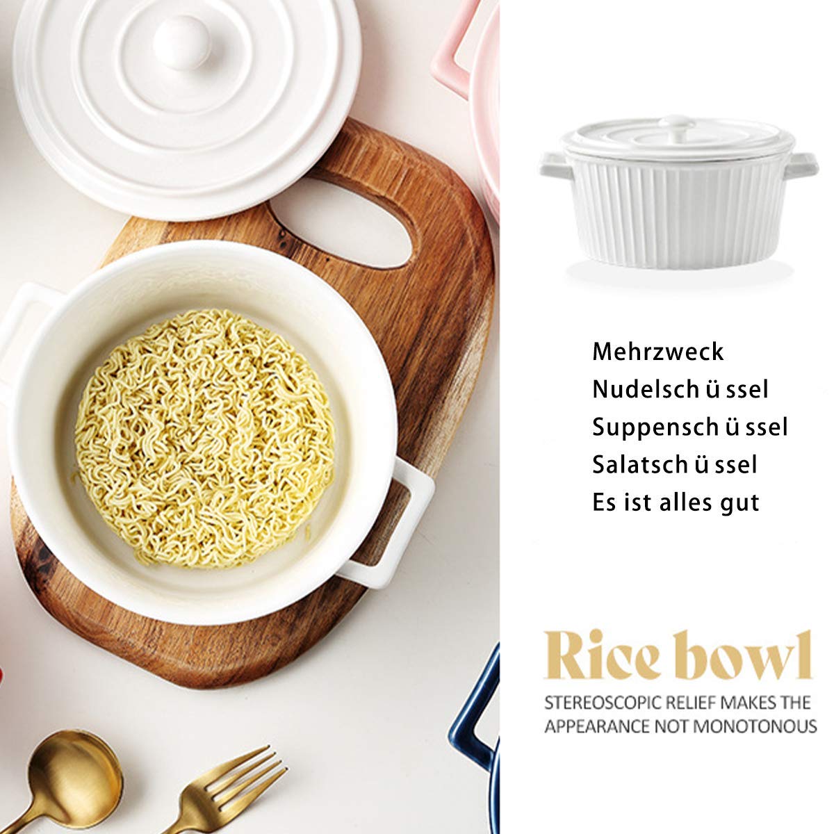 Ceramic Salad Bowl with Lid - White Rice Bowl, Fruit Bowl, Instant Noodle & Dessert Bowl for Kitchen, Dining, Meal Prep & Party Serving