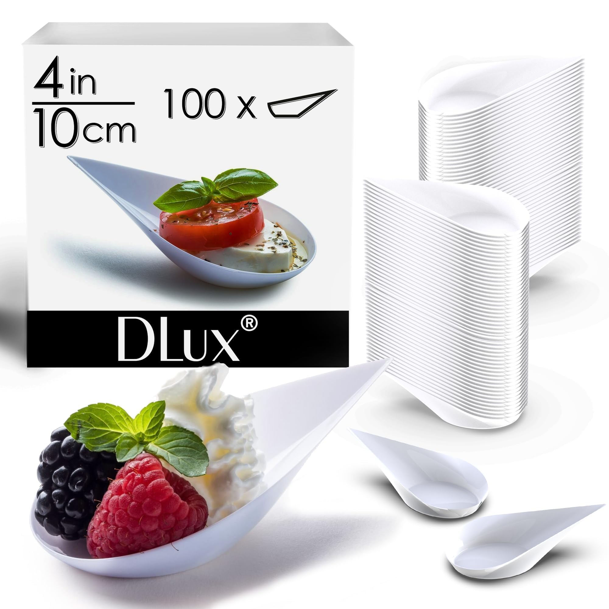 DLux 100 4-in-1 Mini Appetizer Plates with Reusable White Plastic Spoons - Elegant Dessert and Appetizer Serving Set for Parties, Catering, and Tea Time - Includes Free Recipe Ebook - Perfect for Asian Cuisine, Small Bites, and Tasting Events