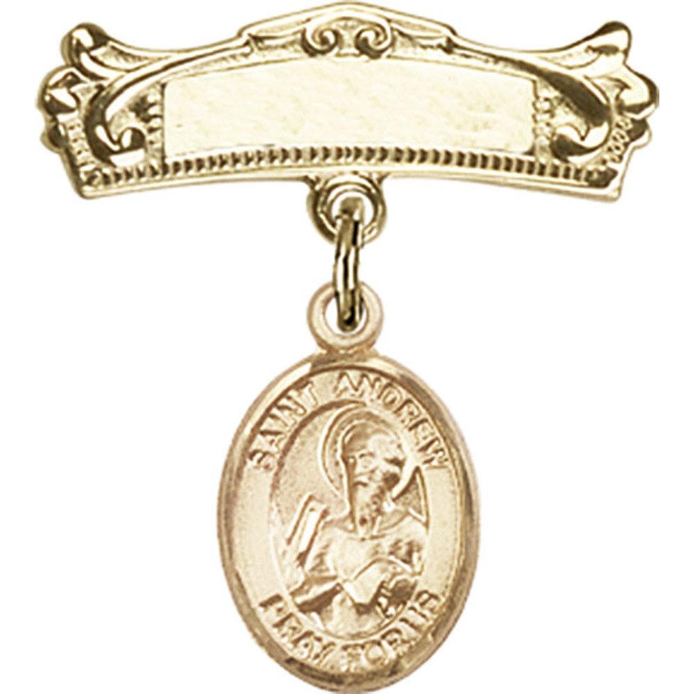 Gold Filled Baby Badge with St. Andrew The Apostle Charm - Arched Polished Badge Pin 7/8 X 3/4 Inches - Perfect for Christening Gifts, Baby Blessings & First Communion Jewelry