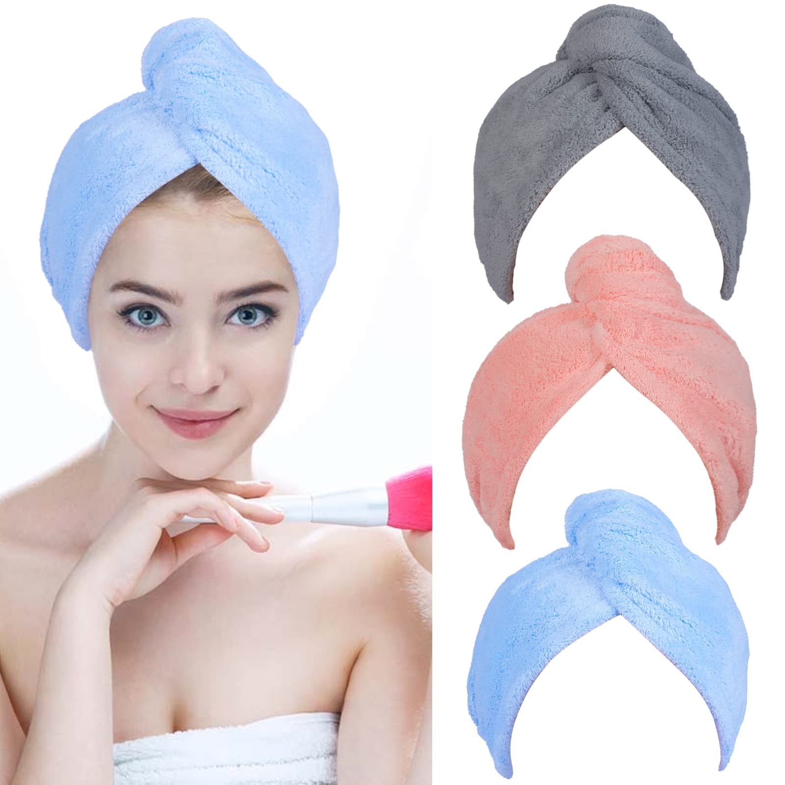 3Pcs Super Absorbent Microfiber Hair Towel Wrap for Women - Soft Quick Dry Hair Turban with Button for Curly, Long & Thick Hair - Anti Frizz Hair Drying Towel (Grey, Pink, Blue) - Perfect for Salon, Travel & Home Hair Care