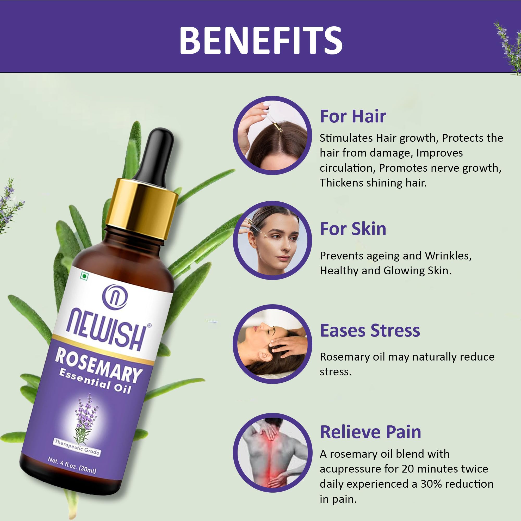 100% Pure Rosemary Essential Oil for Hair Growth & Stress Relief - Undiluted Natural Oil for Hair Fall Control, Skin Care & Nourishment - 30ml Bottle for Aromatherapy, Massage & DIY Beauty Products