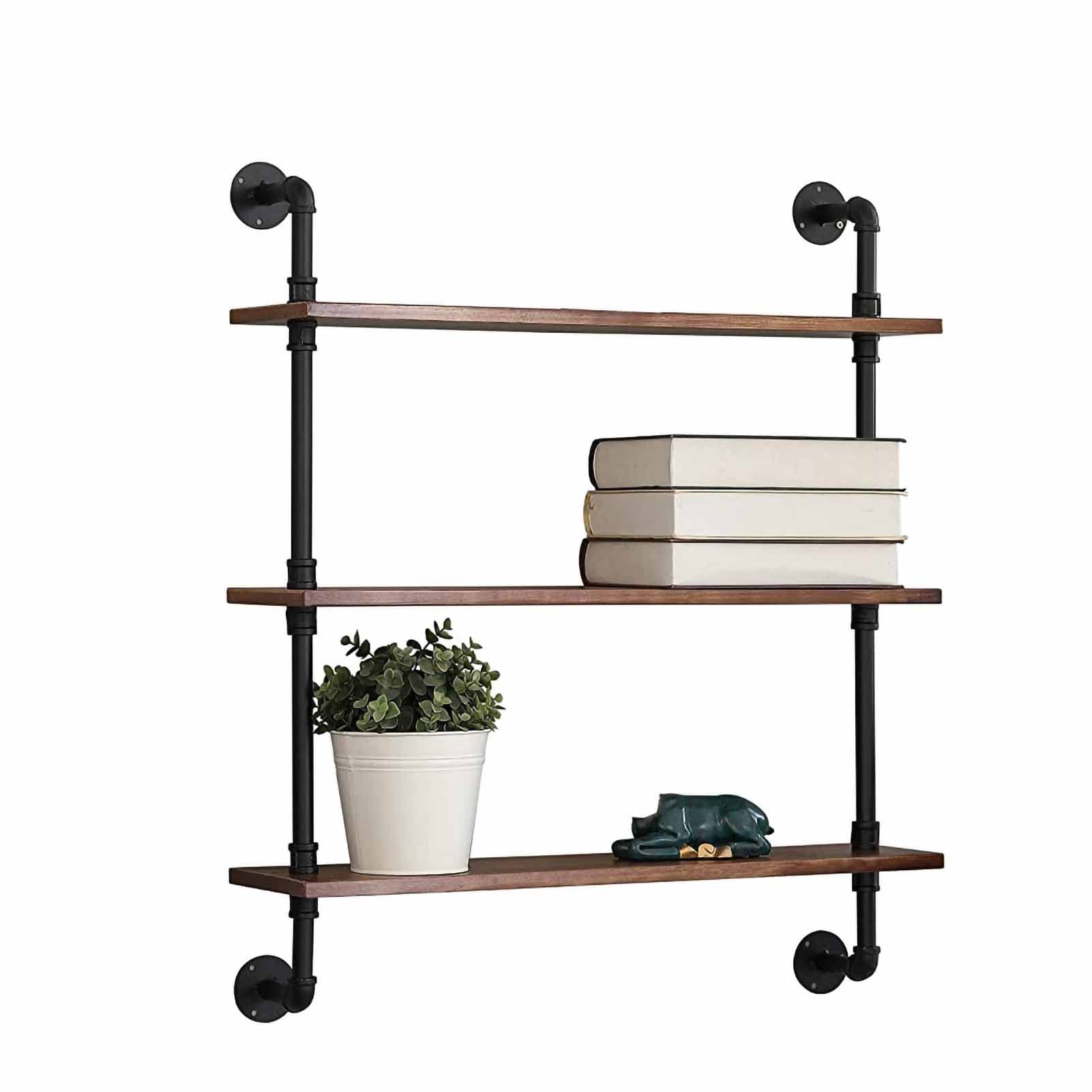 Industrial Pipe Floating Shelves - 3-Tier Rustic Wall Mount Shelf for Farmhouse Bathroom, Over Toilet Storage | Brown Wooden Pipe Shelving for Home Decor & Organization