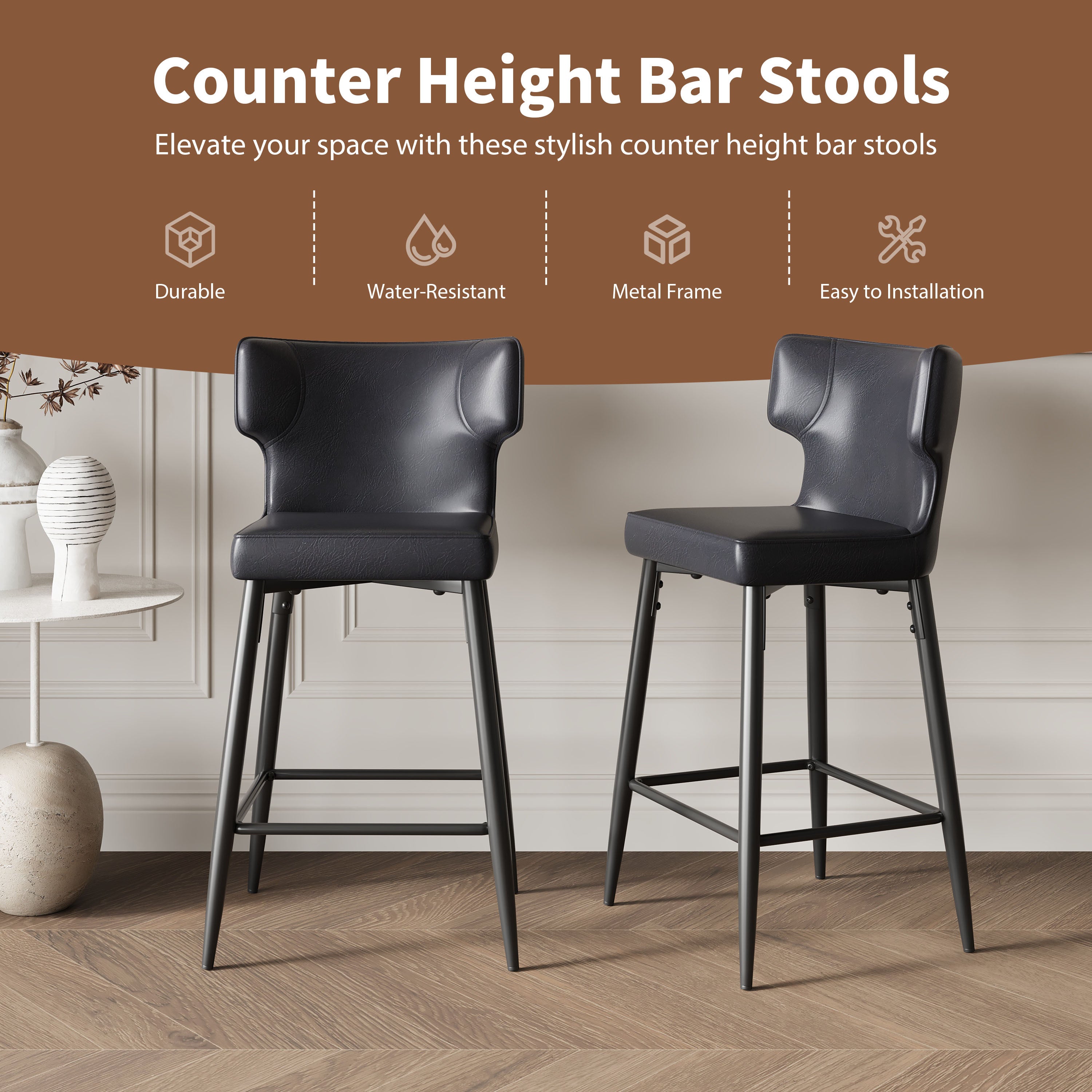 28 Inch Counter Height Bar Stools Set of 2 - Modern PU Leather Upholstered Bar Chairs with Metal Footrest & Frame for Kitchen Island, Bar Table, Dining Room - Perfect for Entertaining, Breakfast Nook & Home Bar Decor (Black)