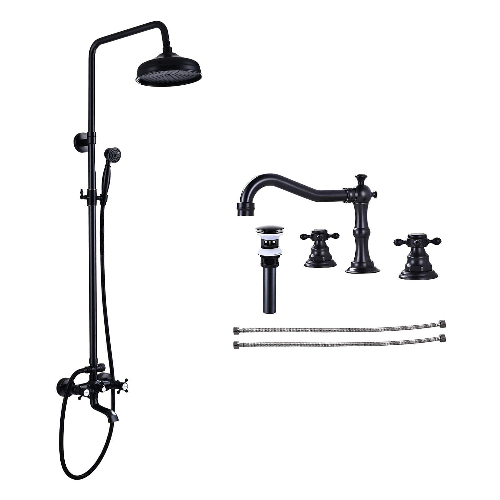 Oil Rubbed Bronze Luxury Shower Faucet with Rain Mixer & Matching Widespread 3-Hole Bathroom Sink Faucet - Deck Mounted for Modern Bathroom & Spa Experience