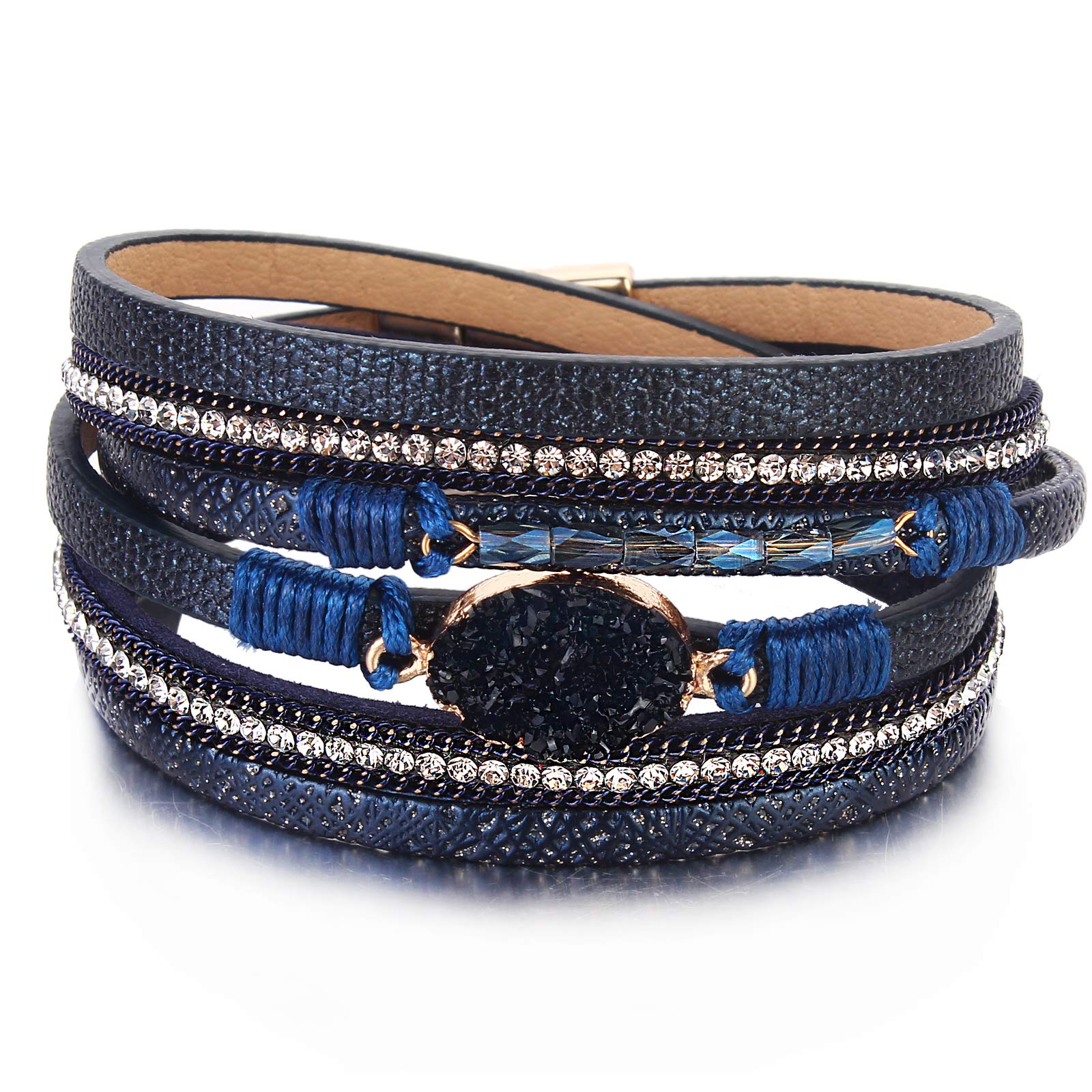 Boho Leather Double Wrap Cuff Bracelet with Crystal Beads & Magnetic Clasp - Shiny Stackable Jewelry Gift for Women | Perfect for Festivals, Boho Chic Outfits & Layered Arm Candy