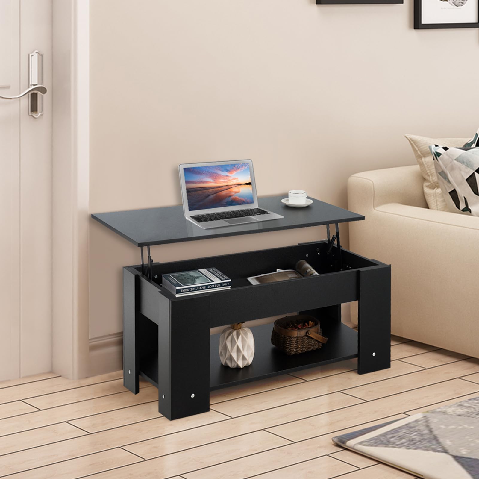 COSTWAY Modern Lift-Top Coffee Table with Hidden Storage Compartment, Wooden Living Room Sofa Table for Home & Office, 38.6'' x 29.1'' x 22'' (Black) - Perfect for Small Spaces, TV Snacking & Remote Storage