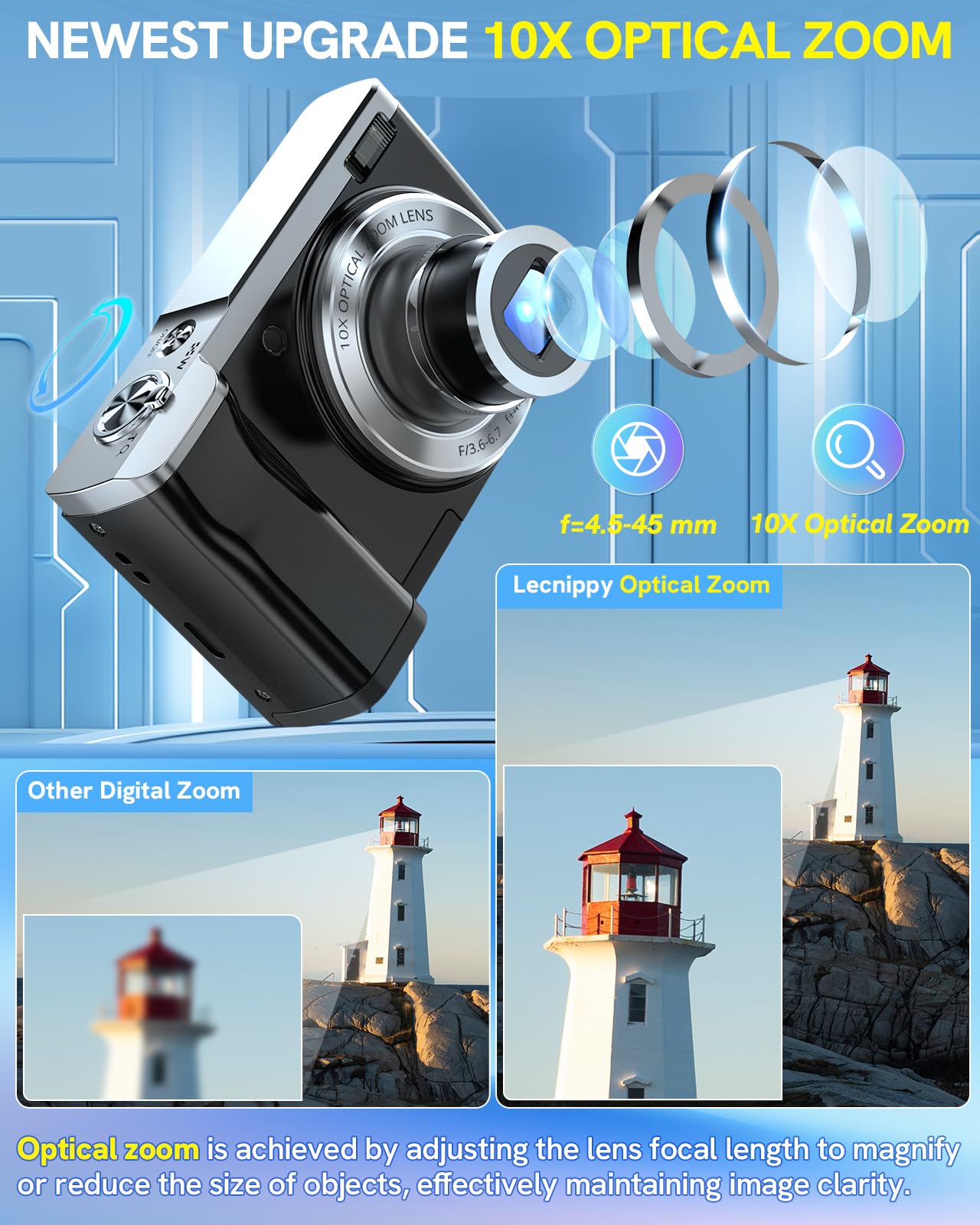 5K Digital Camera 56MP Autofocus Vlogging Camera with 10X Optical Zoom, Dual Front & Rear Cameras, 6-Axis Anti-Shake, Touch Screen - Includes 64GB SD Card & 2 Batteries - Perfect for Travel, YouTube Vlogging, and Outdoor Photography