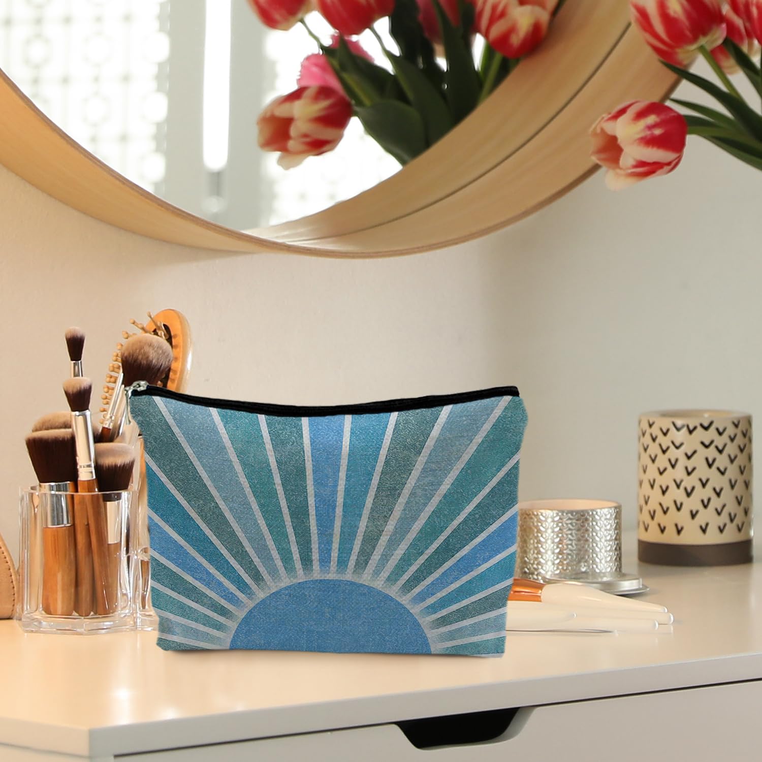 Boho Makeup Bag for Women - Abstract Blue Sun Design Cosmetic Pouch with Zipper, Aesthetic Travel Organizer | Perfect for Travel, Gym & Daily Essentials Storage