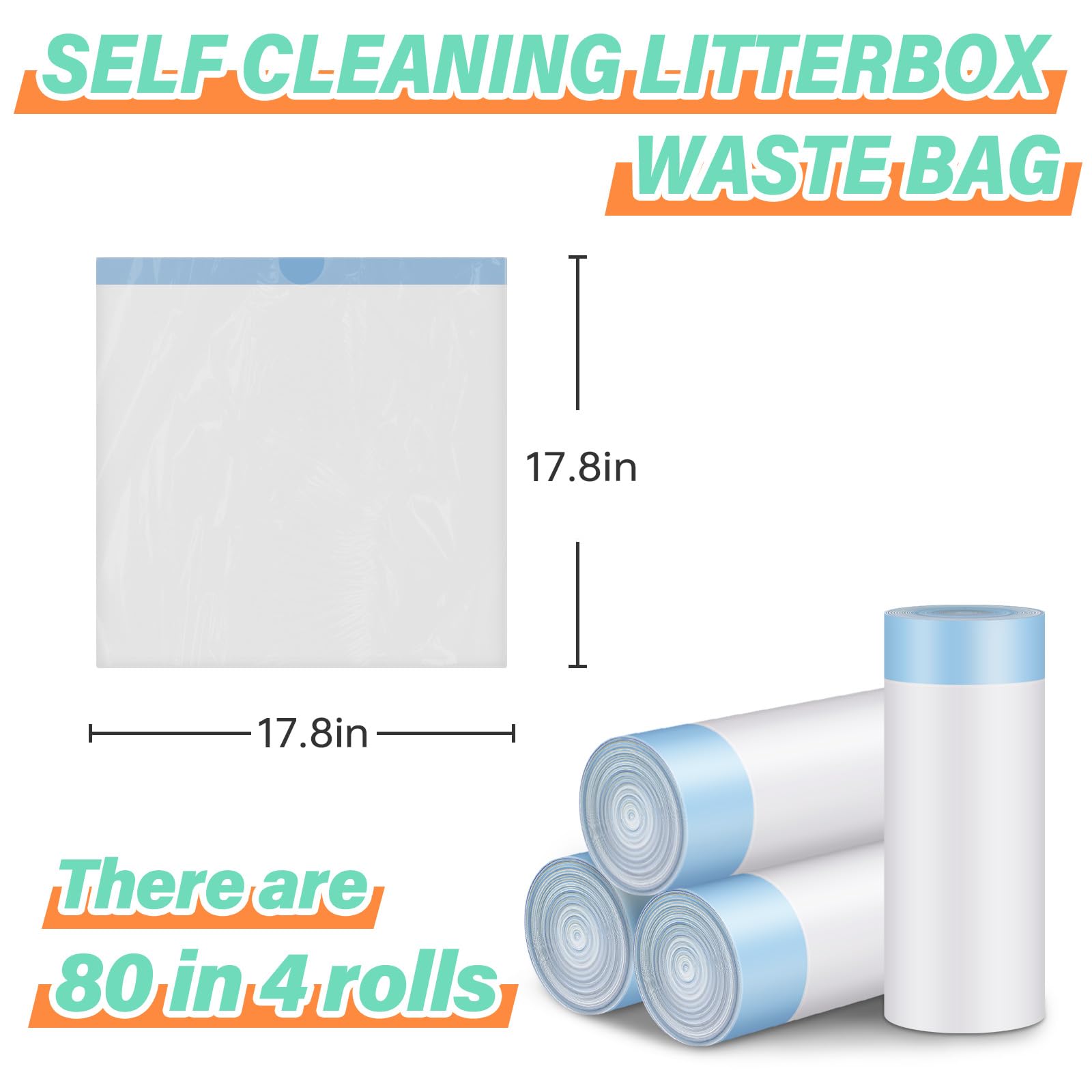 Premium Cat Litter Bags - 80 Count Self-Cleaning Litter Box Liners for Automatic Robot Boxes (4 Rolls, 18